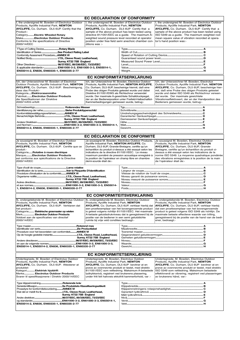 Ec declaration of conformity, Ec konformitätserklärung, Ec konformitetserklæring | Flymo RE320 User Manual | Page 5 / 9