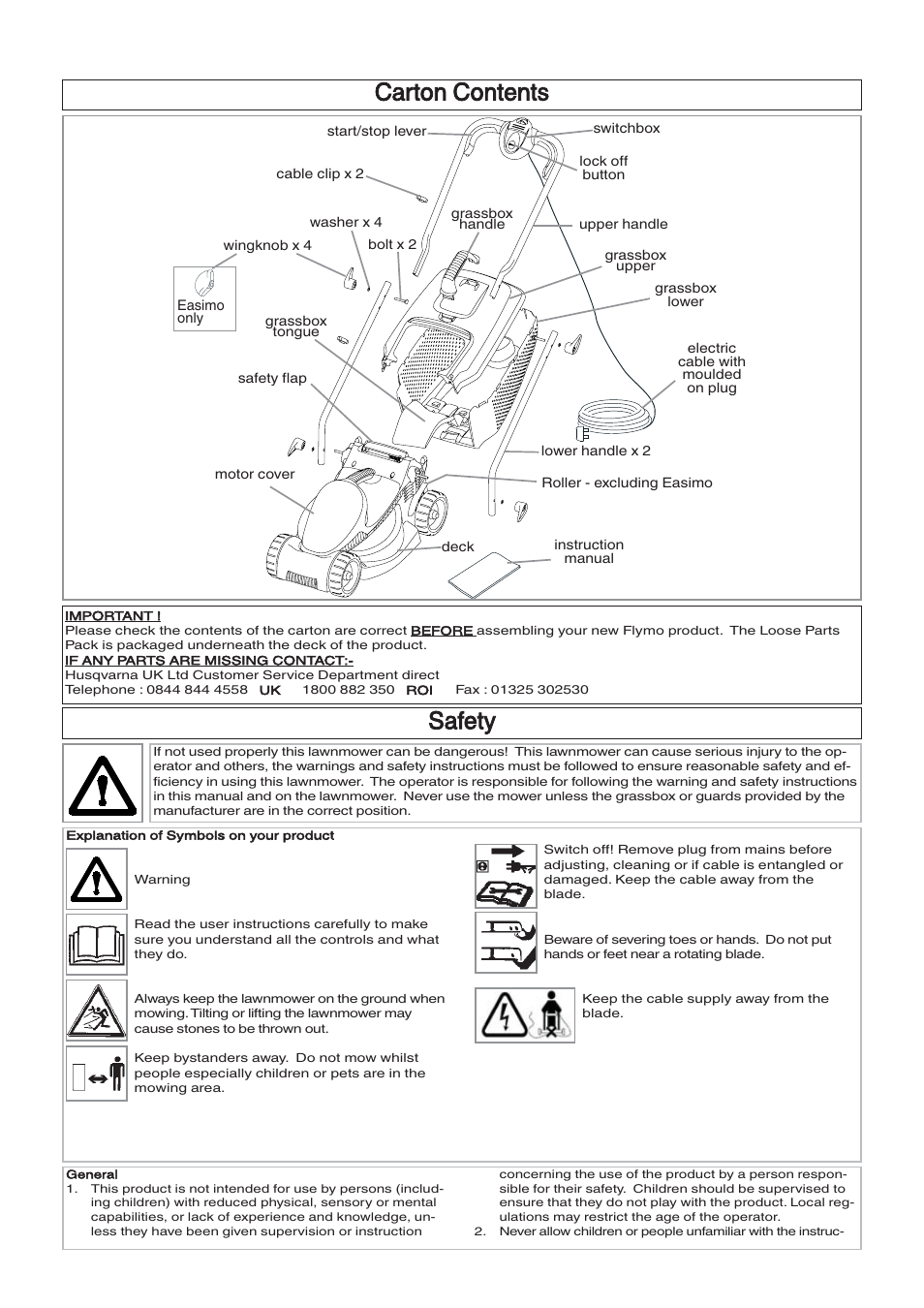 Carton contents, Safety | Flymo VENTURER 32 RE32 User Manual | Page 2 / 8