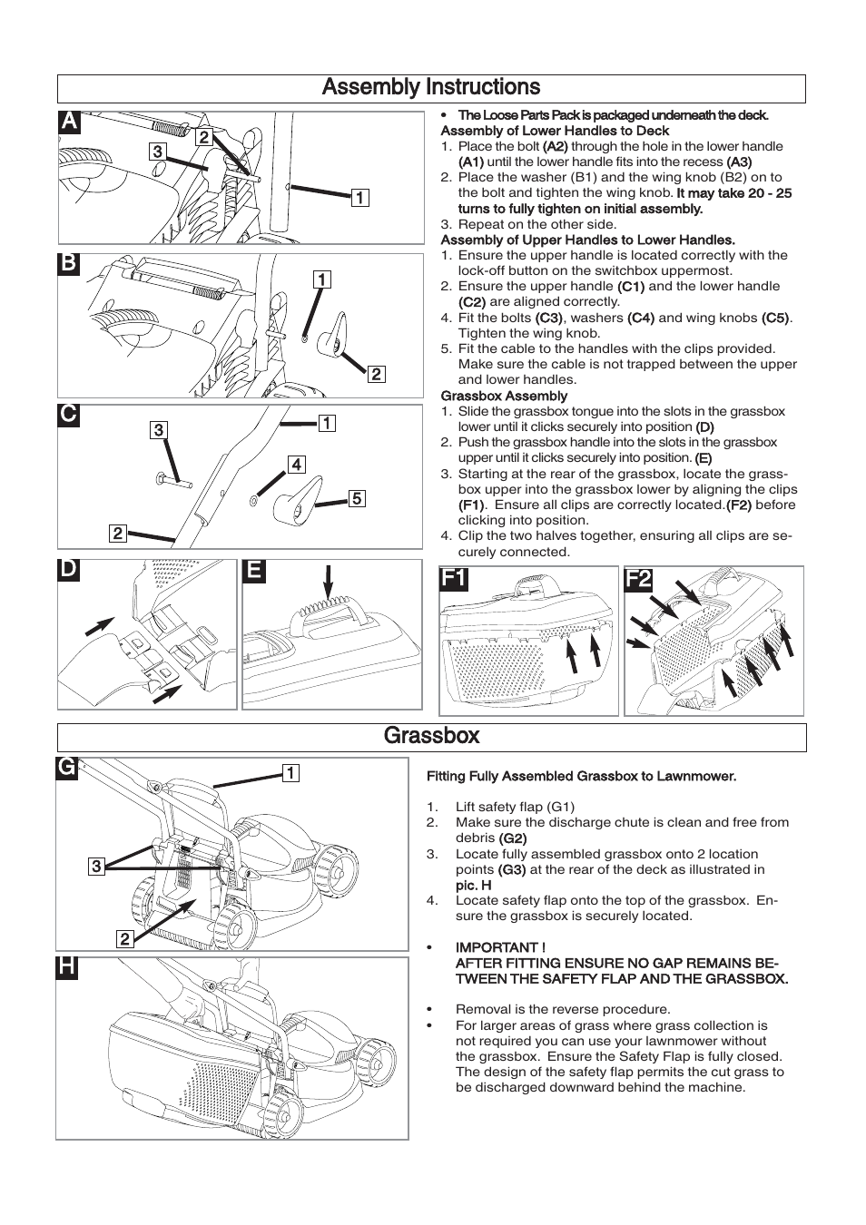 Assembly instructions b c d, Ef1 f2, Grassbox g | Flymo VENTURER 32 RE32 User Manual | Page 4 / 8