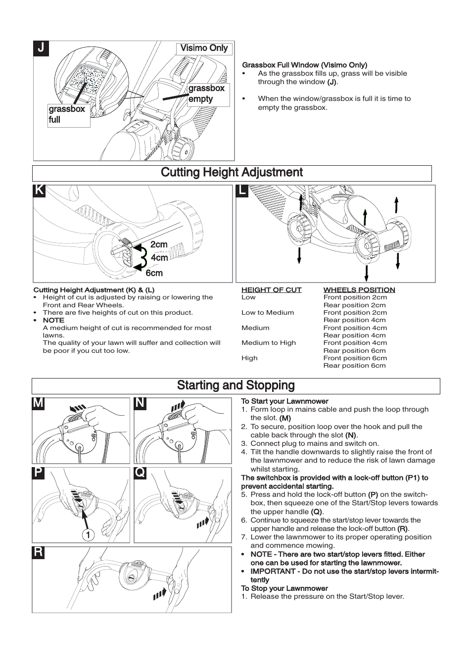 Cutting height adjustment, Mn r starting and stopping | Flymo VENTURER 32 RE32 User Manual | Page 5 / 8