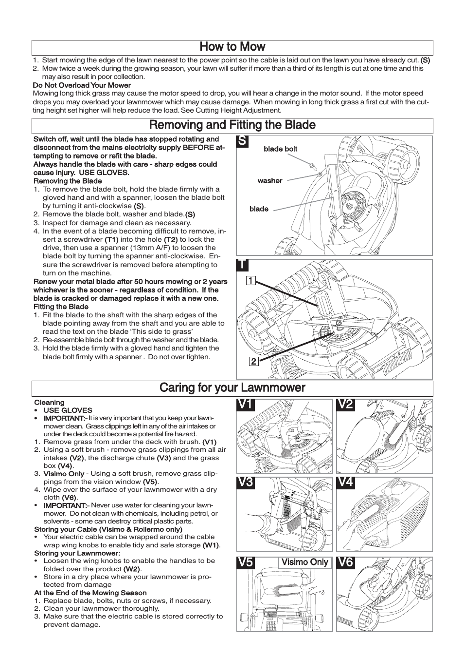 How to mow, Removing and fitting the blade, Caring for your lawnmower | Flymo VENTURER 32 RE32 User Manual | Page 6 / 8