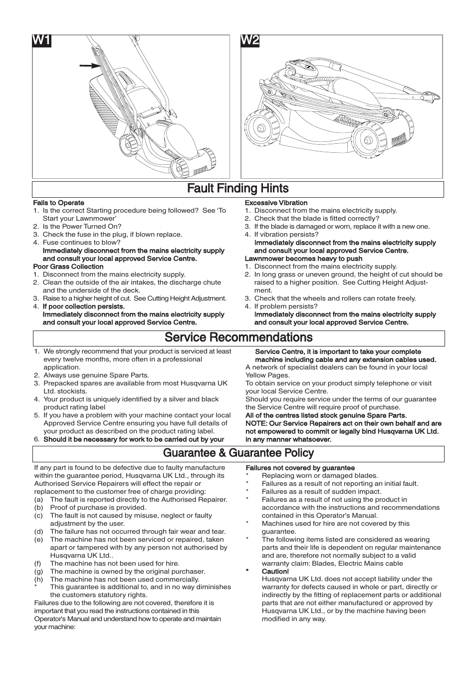 Fault finding hints, Service recommendations, W2 w1 | Guarantee & guarantee policy | Flymo VENTURER 32 RE32 User Manual | Page 7 / 8