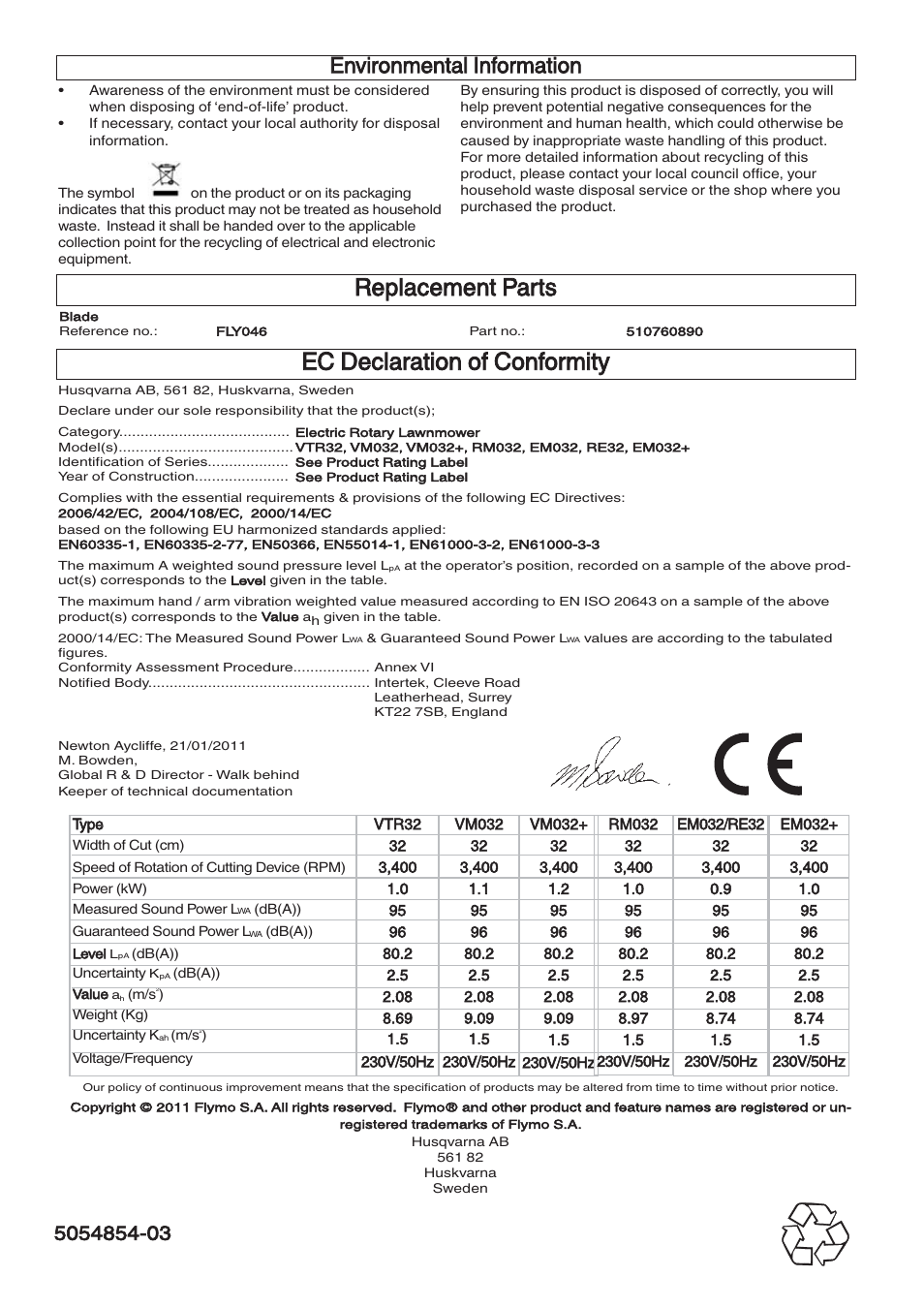Ec declaration of conformity, Replacement parts, Environmental information | Flymo VENTURER 32 RE32 User Manual | Page 8 / 8