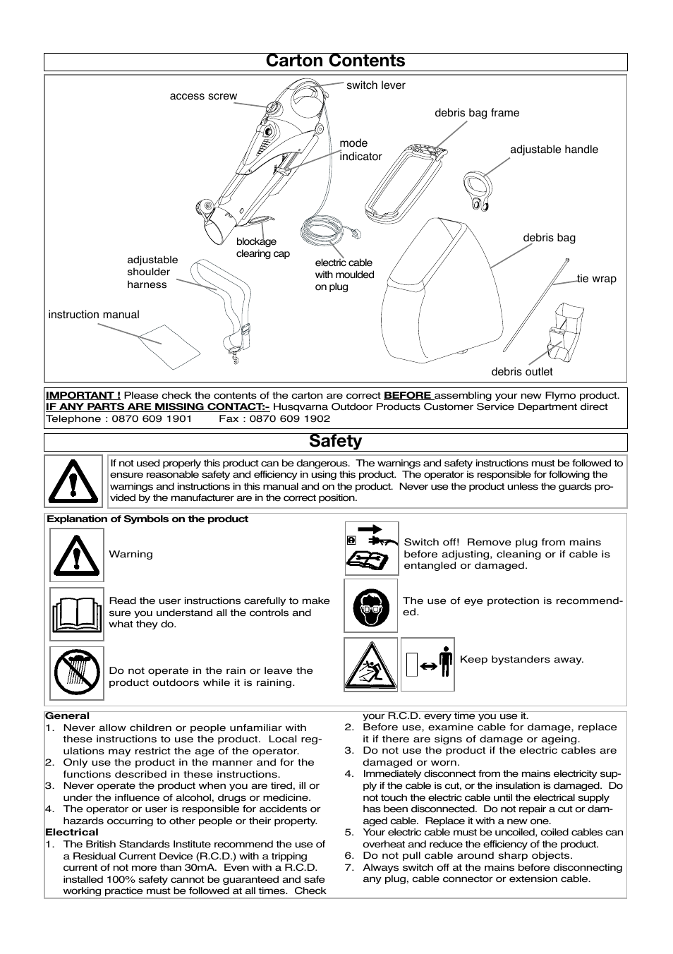 Carton contents, Safety | Flymo SCIROCCO 2500 User Manual | Page 2 / 8