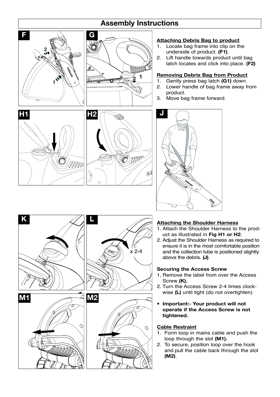 Assembly instructions, Assembly instructions k l, M1 m2 | H1 j h2 | Flymo SCIROCCO 2500 User Manual | Page 5 / 8
