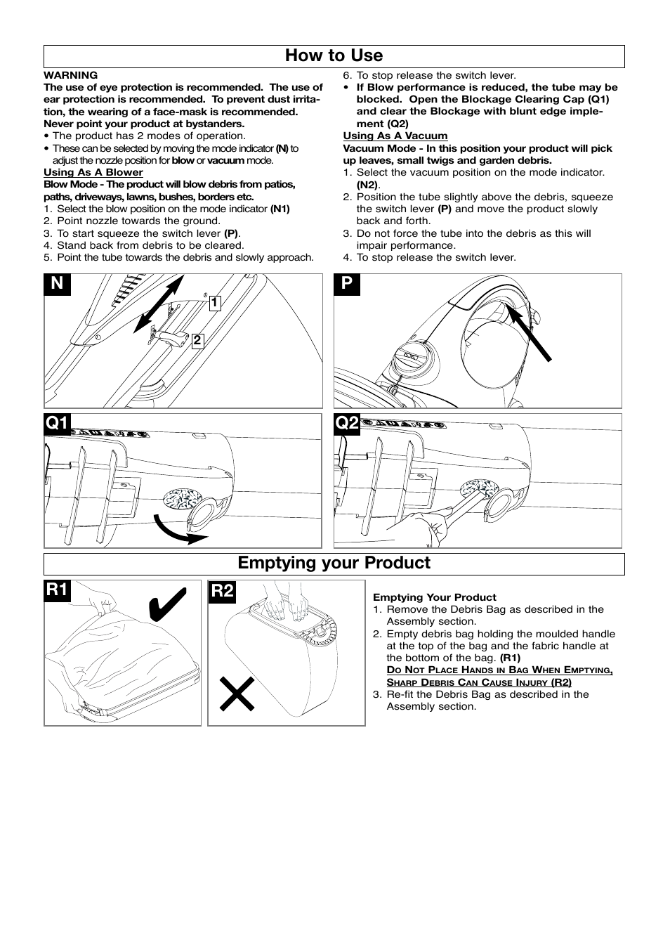 How to use, Emptying your product r2 q1 q2 | Flymo SCIROCCO 2500 User Manual | Page 6 / 8