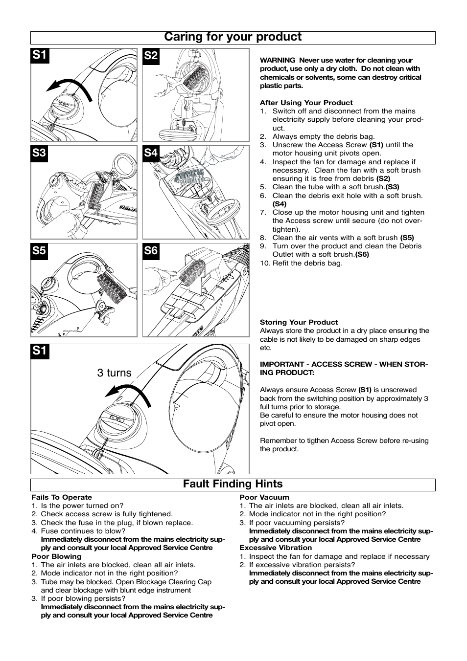 Caring for your product, Fault finding hints, Caring for your product s1 | S2 s3 s4 s6, 3 turns | Flymo SCIROCCO 2500 User Manual | Page 7 / 8