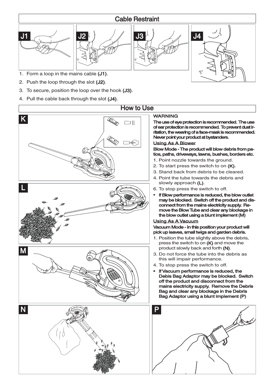 J1 j2, J3 j4, Kl p n m | Cable restraint, How to use | Flymo Twister 2000 User Manual | Page 6 / 8