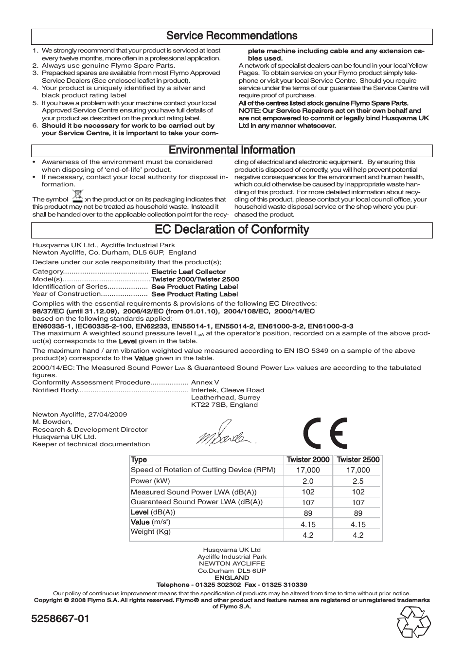 Ec declaration of conformity, Service recommendations, Environmental information | Flymo Twister 2000 User Manual | Page 8 / 8