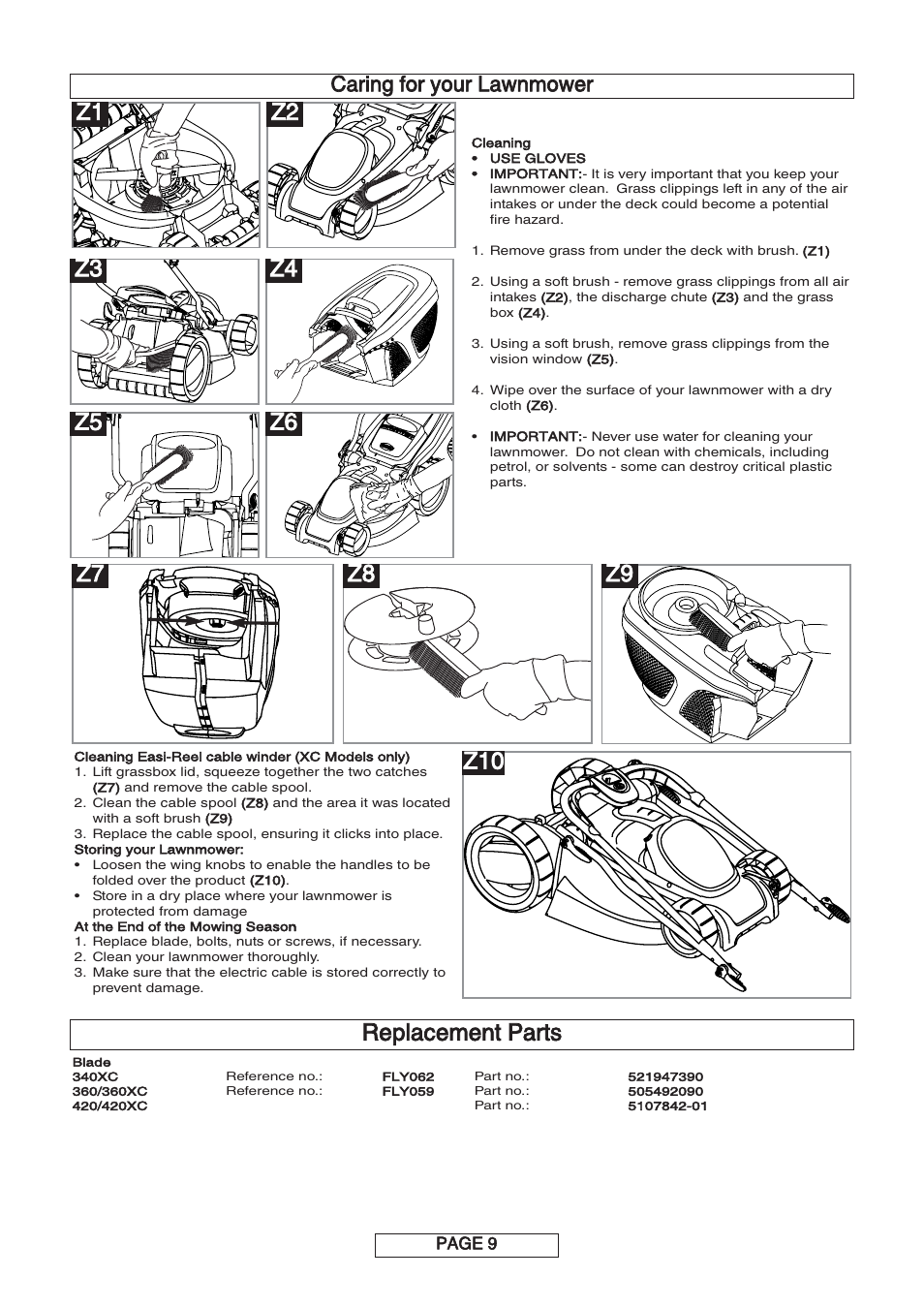Z7 z8 z9 replacement parts, Caring for your lawnmower | Flymo MULTIMO 340XC User Manual | Page 10 / 12