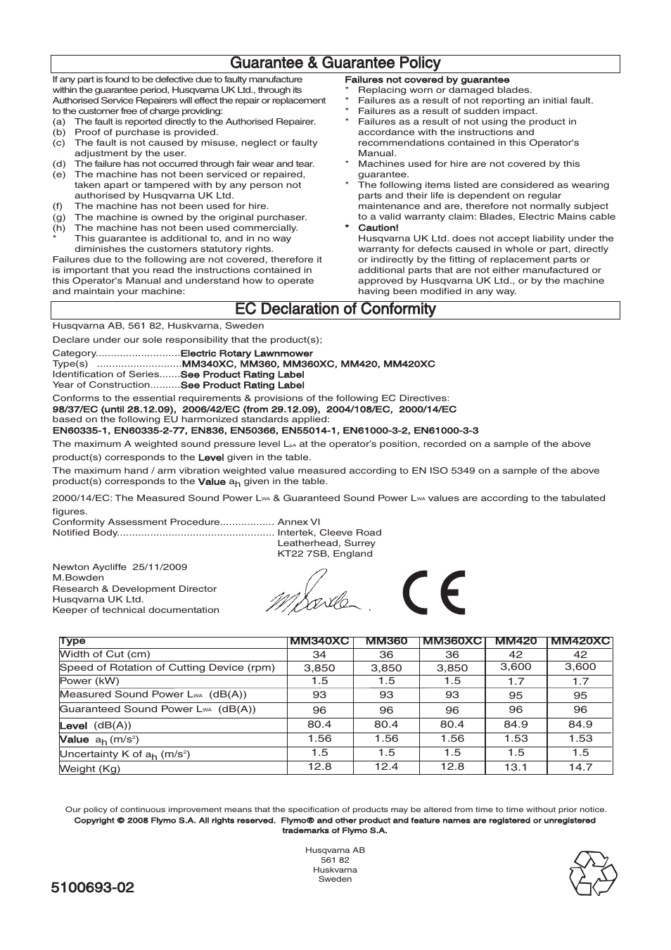 Ec declaration of conformity, Guarantee & guarantee policy | Flymo MULTIMO 340XC User Manual | Page 12 / 12