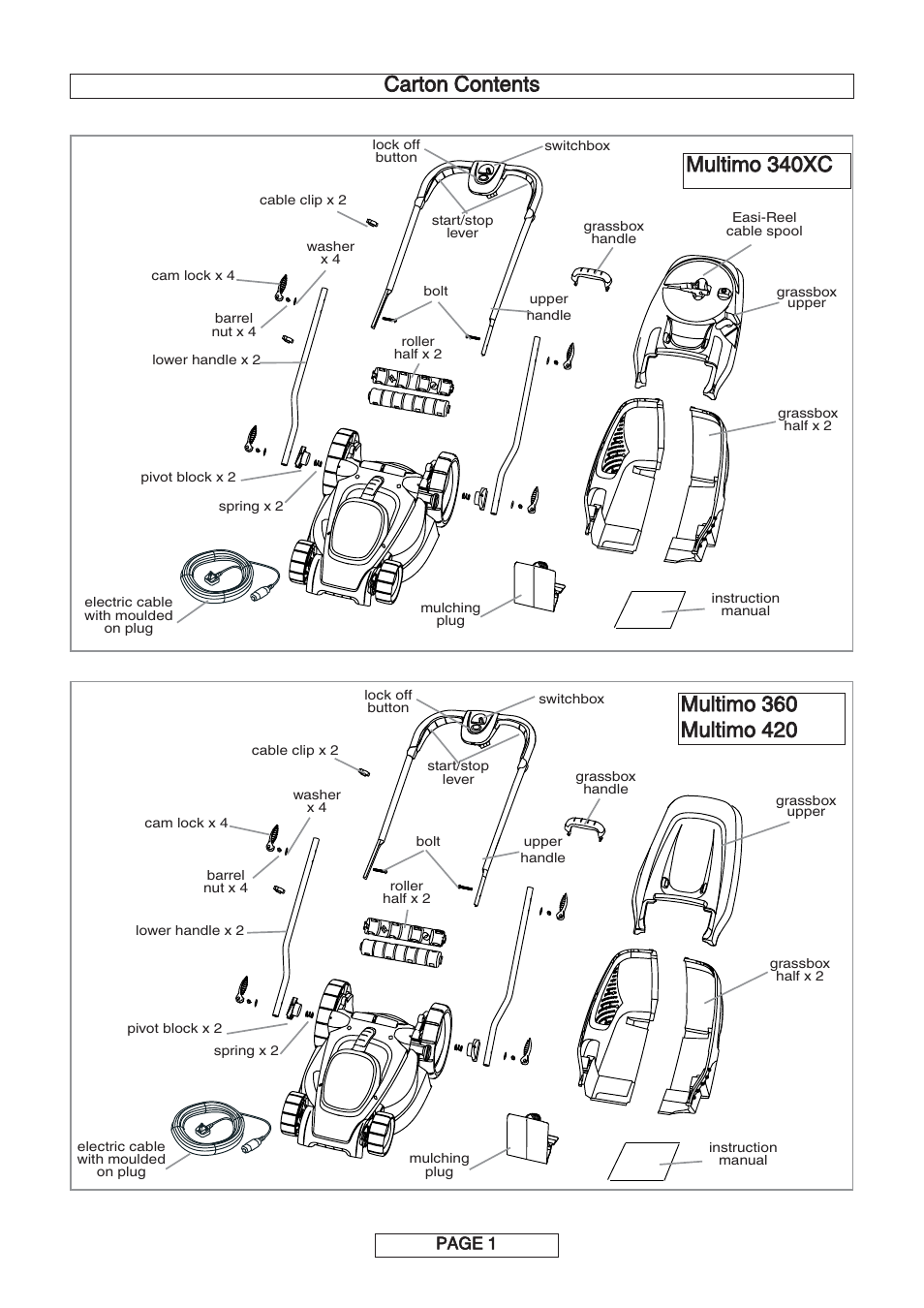 Carton contents, Page 1 | Flymo MULTIMO 340XC User Manual | Page 2 / 12