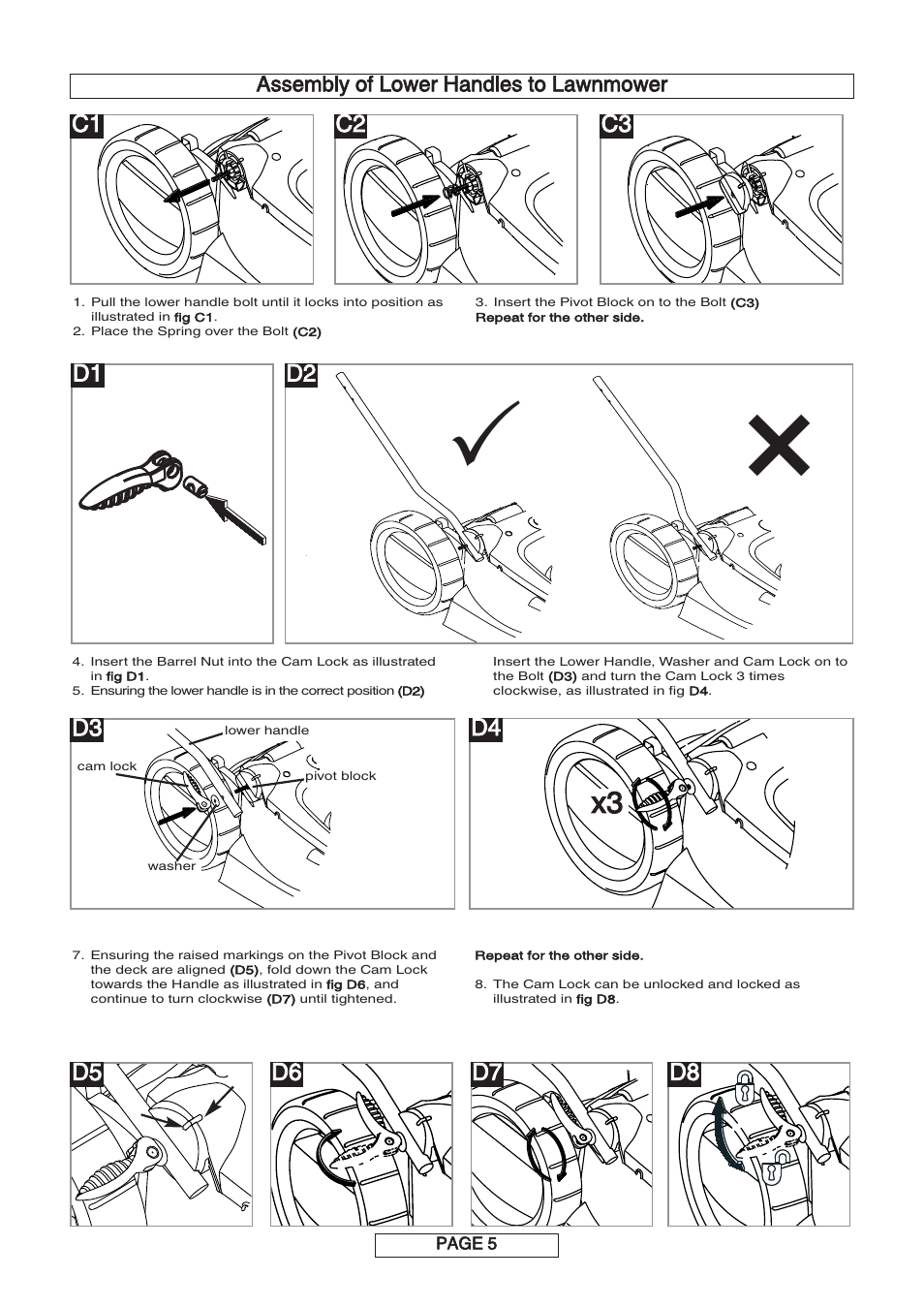 D7 d8 d6, C1 c2 c3, D1 d3 d4 | Assembly of lower handles to lawnmower | Flymo MULTIMO 340XC User Manual | Page 6 / 12