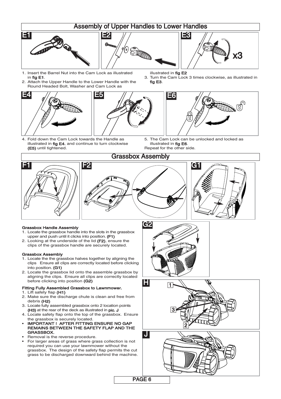 E2 e1, E4 e5 e6, G1 g2 | F1 f2, Assembly of upper handles to lower handles, Grassbox assembly | Flymo MULTIMO 340XC User Manual | Page 7 / 12