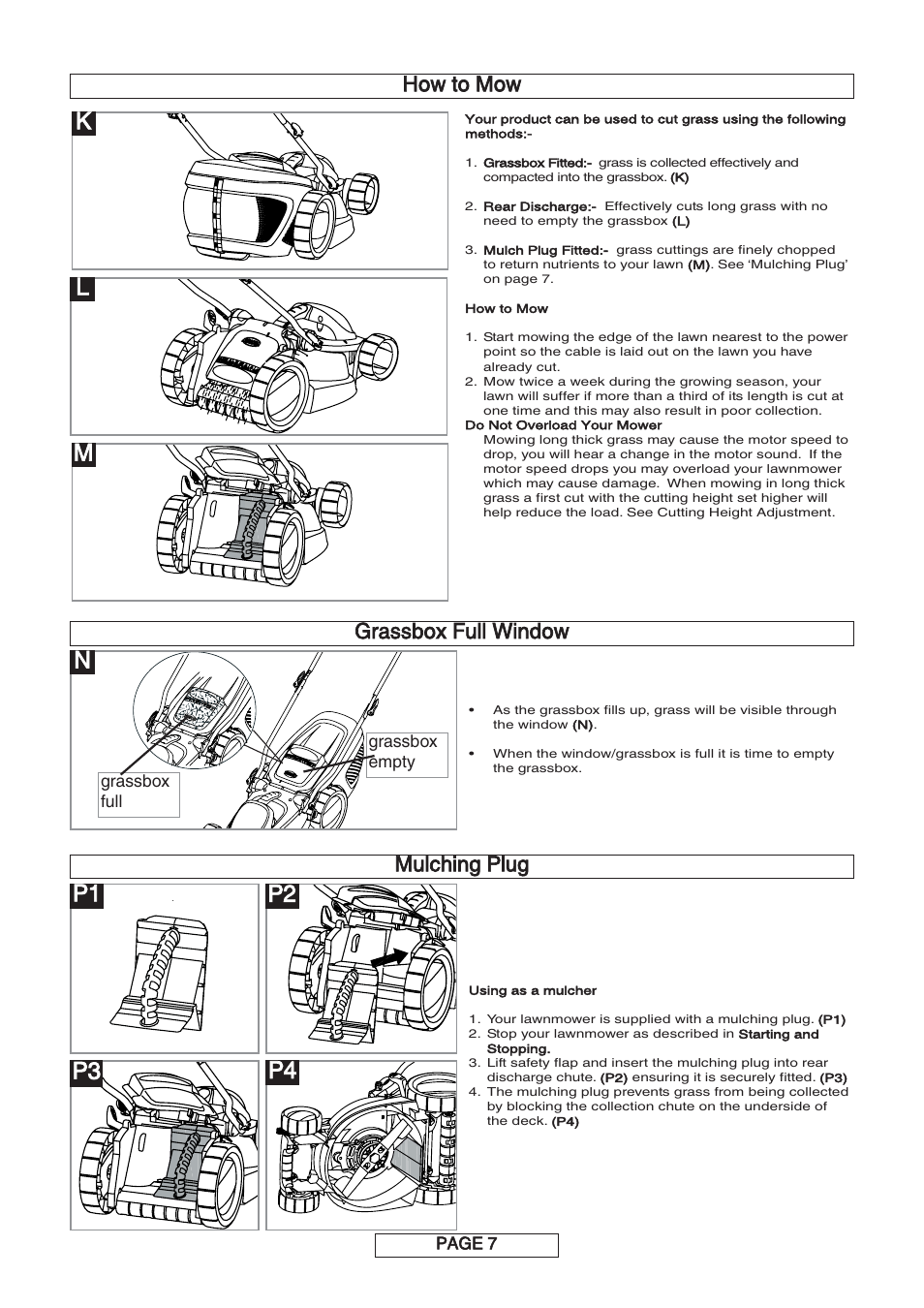 P1 p2 p3 p4, Kl m, Grassbox full window | Mulching plug, How to mow | Flymo MULTIMO 340XC User Manual | Page 8 / 12