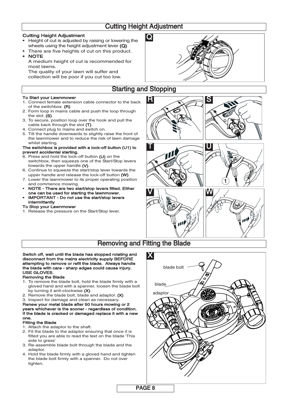 Wr s t u, Starting and stopping | Flymo MULTIMO 340XC User Manual | Page 9 / 12