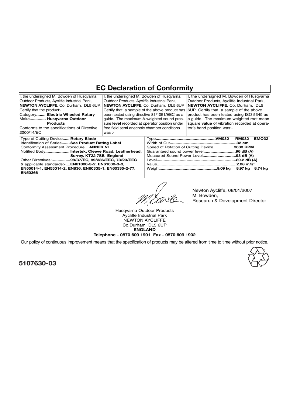 Ec declaration of conformity | Flymo VISIMO VM032 User Manual | Page 10 / 10