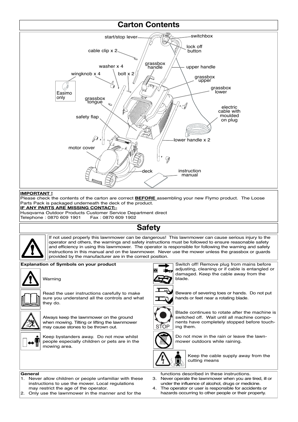Carton contents, Safety | Flymo VISIMO VM032 User Manual | Page 2 / 10