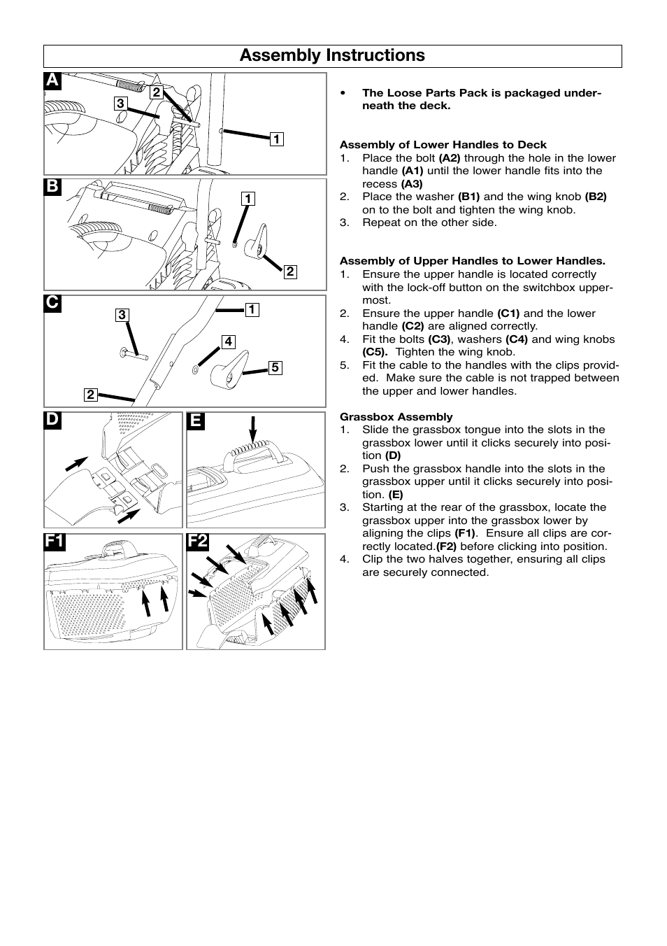 Assembly instructions, Assembly instructions b c d, Ef1 f2 | Flymo VISIMO VM032 User Manual | Page 4 / 10