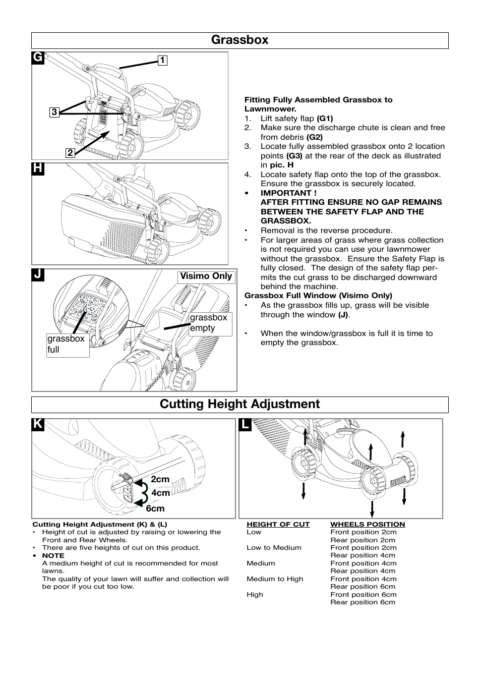 Grassbox, Cutting height adjustment, Cutting height adjustment grassbox | Flymo VISIMO VM032 User Manual | Page 5 / 10