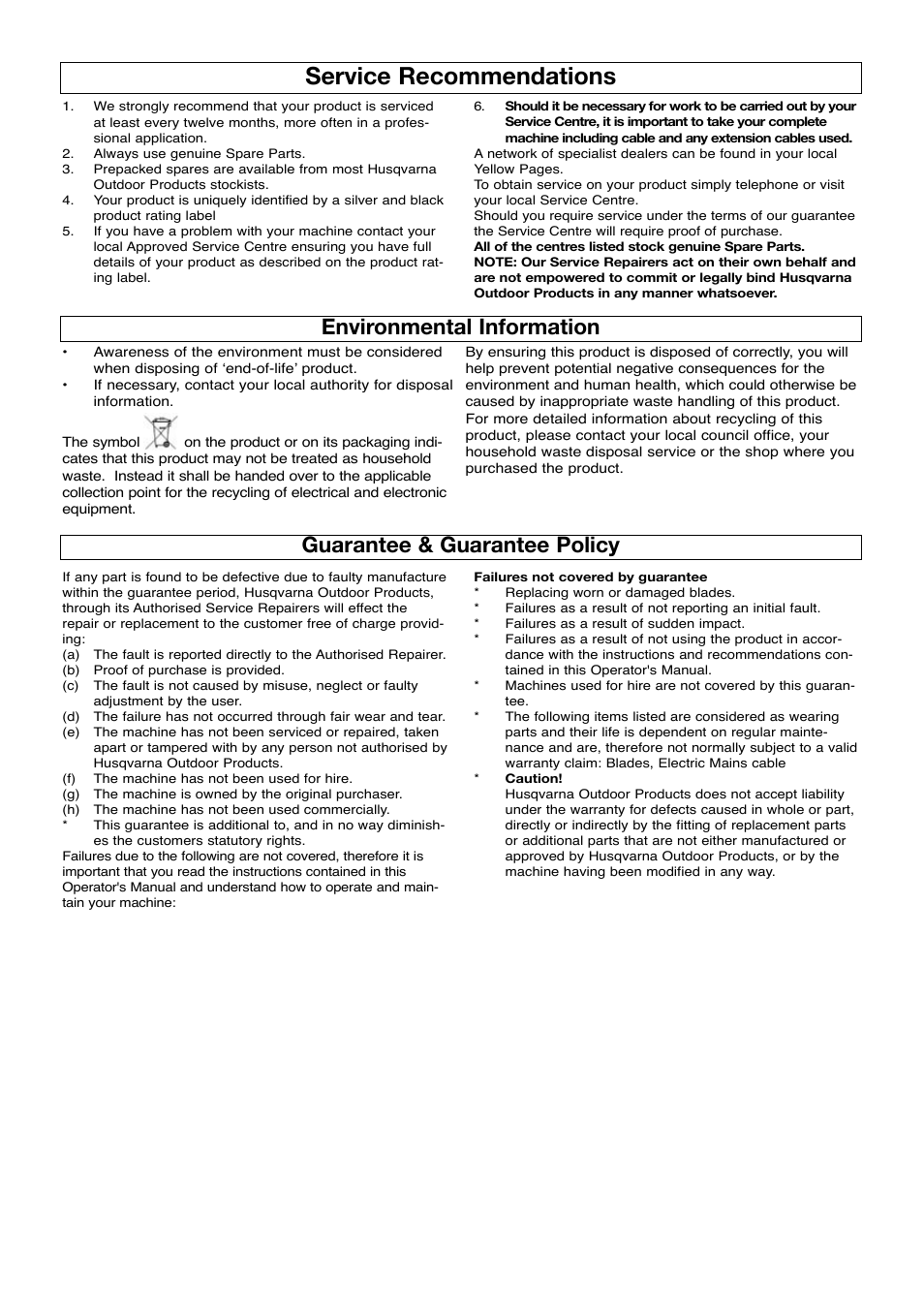 Service recommendations, Environmental information, Guarantee & guarantee policy | Flymo VISIMO VM032 User Manual | Page 9 / 10