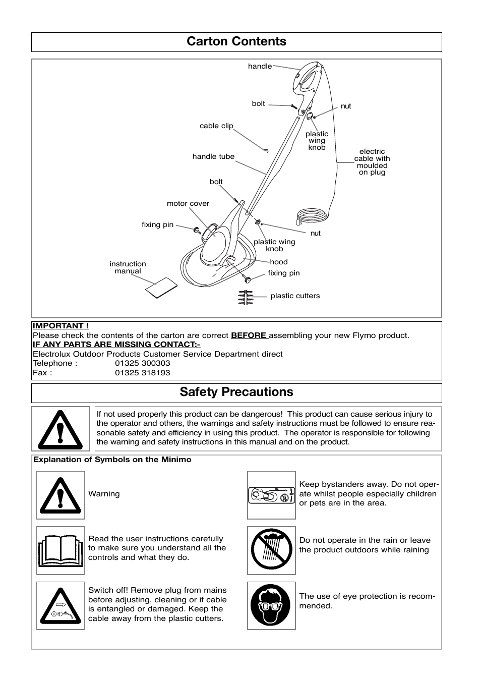 Carton contents, Safety precautions | Flymo Electrolux Minimo User Manual | Page 2 / 8