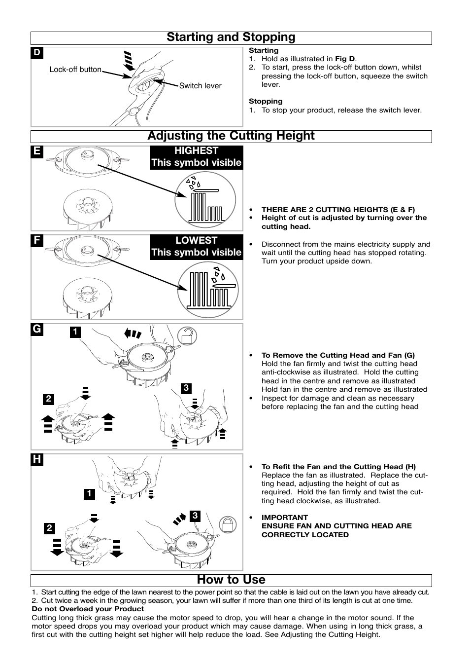 Starting and stopping, Adjusting the cutting height, How to use | Flymo Electrolux Minimo User Manual | Page 5 / 8