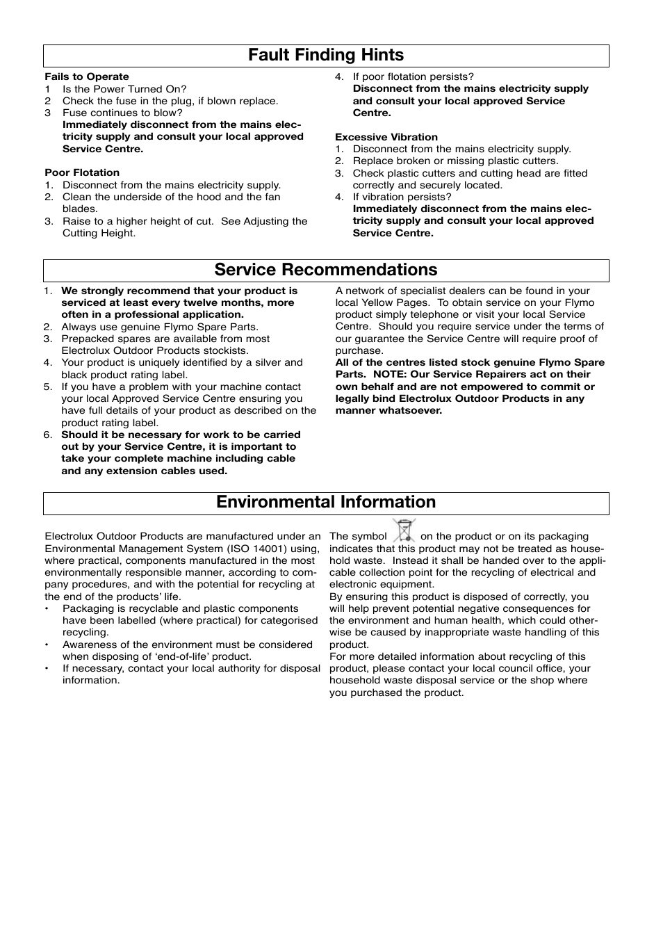 Fault finding hints, Service recommendations, Environmental information | Service recommendations environmental information | Flymo Electrolux Minimo User Manual | Page 7 / 8
