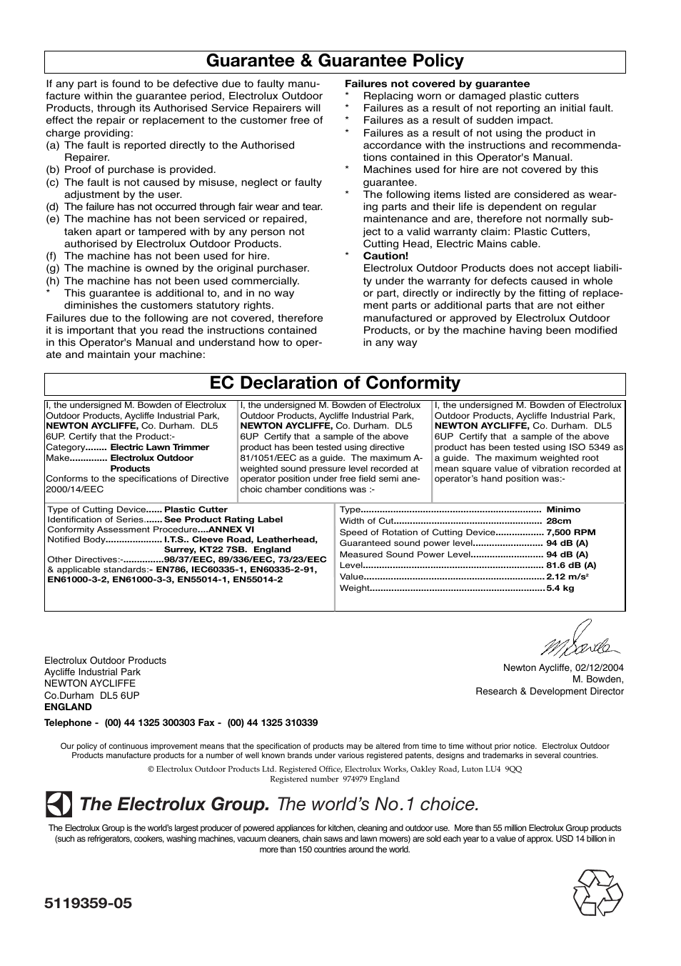 Guarantee & guarantee policy, Ec declaration of conformity, The electrolux group. the world’s no.1 choice | Flymo Electrolux Minimo User Manual | Page 8 / 8