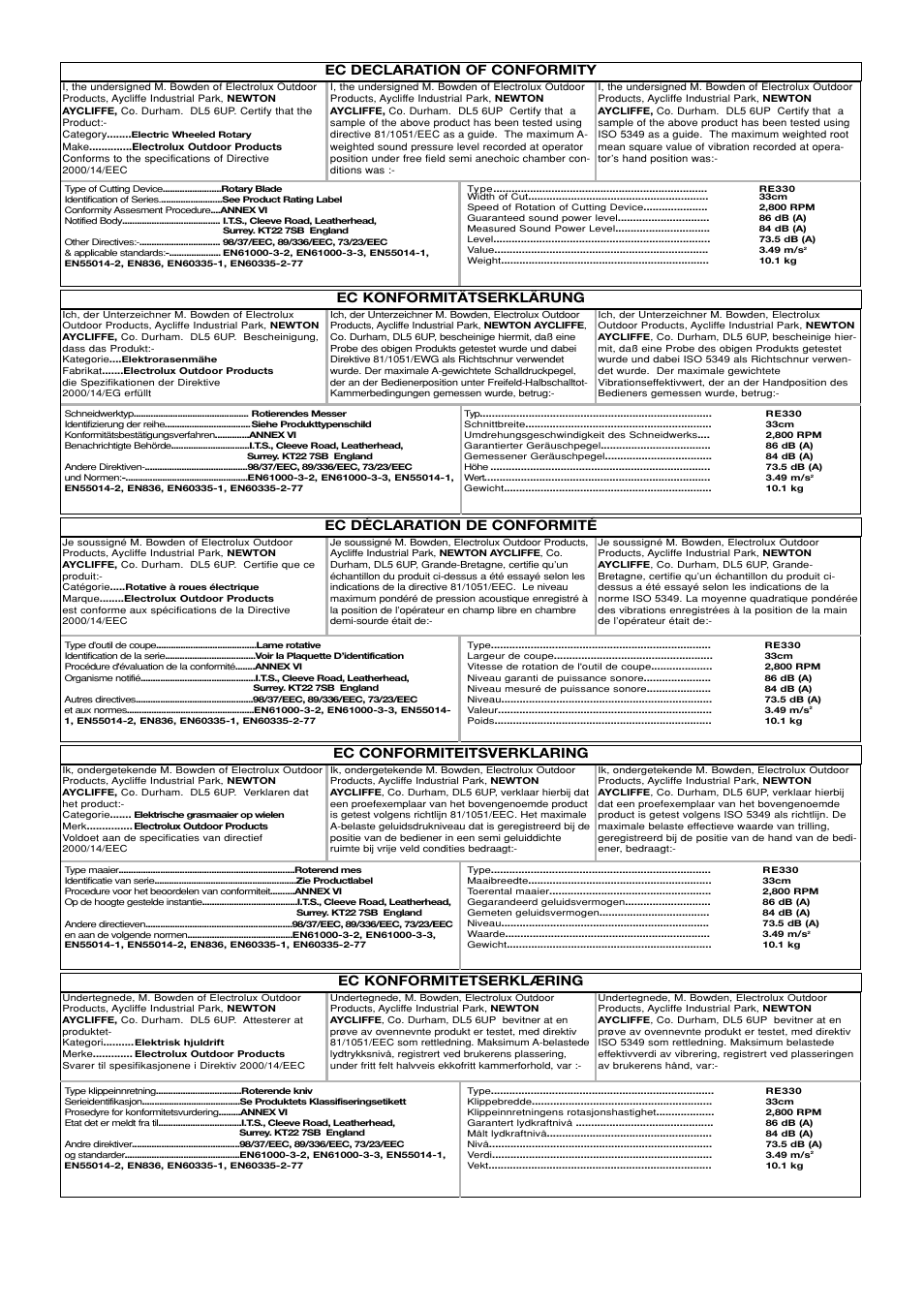 Ec declaration of conformity, Ec konformitätserklärung, Ec konformitetserklæring | Flymo R330 User Manual | Page 5 / 9