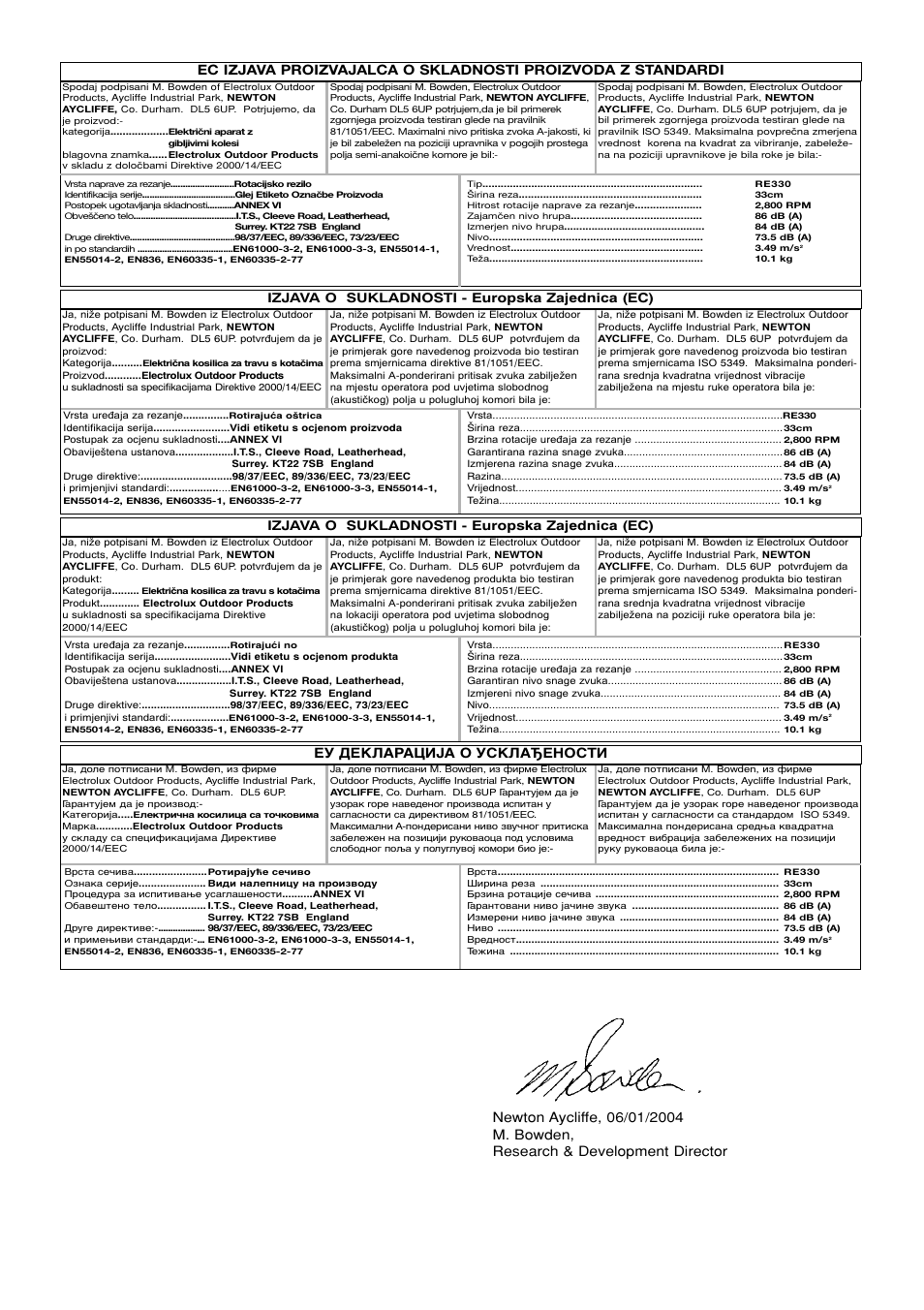 Еу декларација о усклађености, Izjava o sukladnosti - europska zajednica (ec) | Flymo R330 User Manual | Page 8 / 9