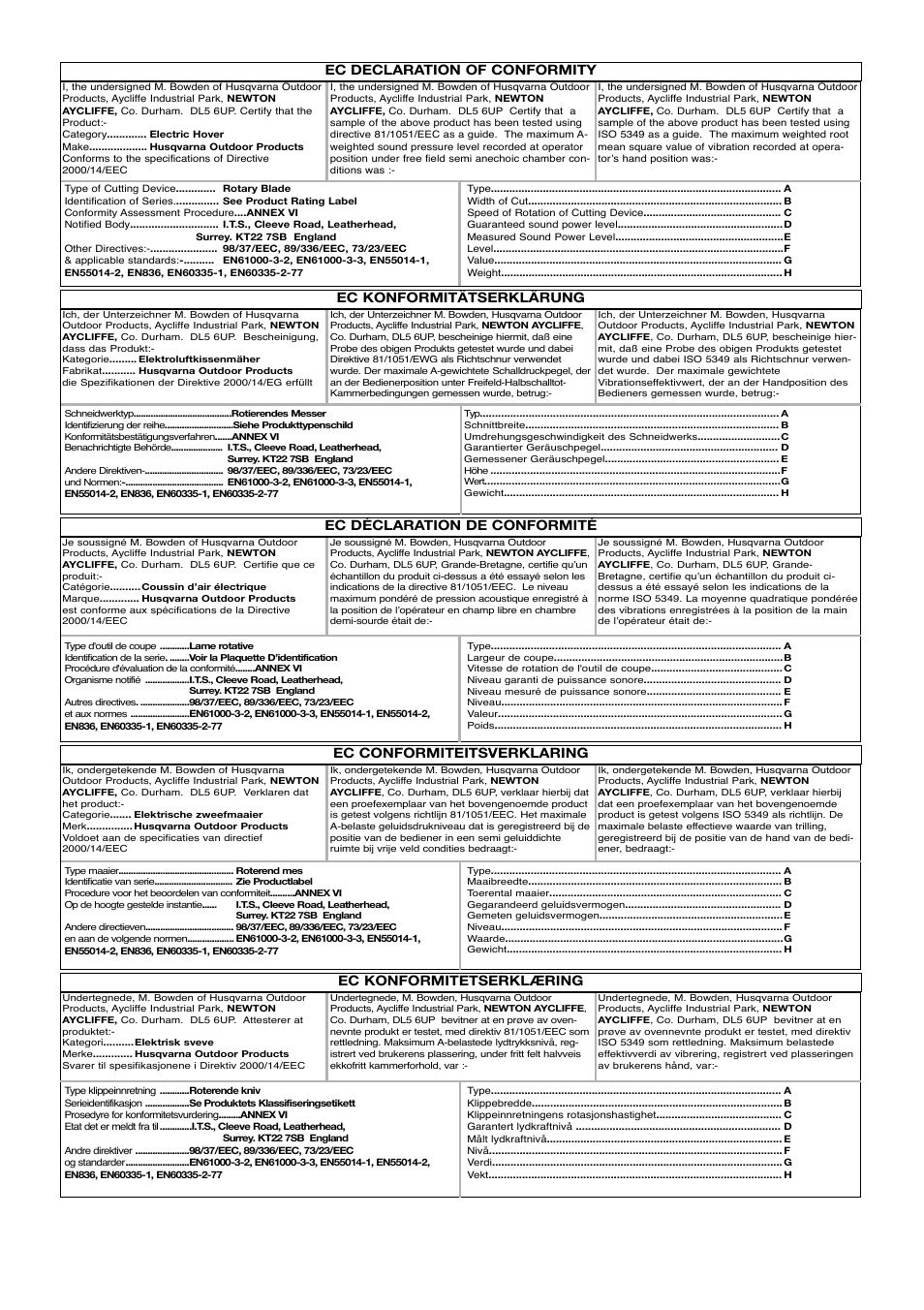 Ec declaration of conformity, Ec konformitätserklärung, Ec konformitetserklæring | Flymo 330 User Manual | Page 5 / 9