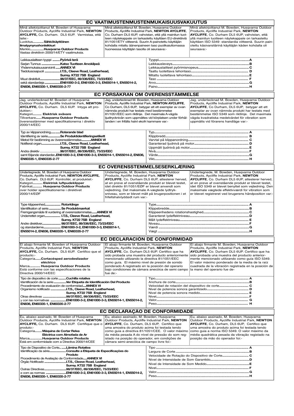 Ec vaatimustenmustenmukaisuusvakuutus, Ec försäkran om överensstämmelse, Ec overensstemmelseserklæring | Ec declaración de conformidad, Ec declaração de conformidade | Flymo 330 User Manual | Page 6 / 9