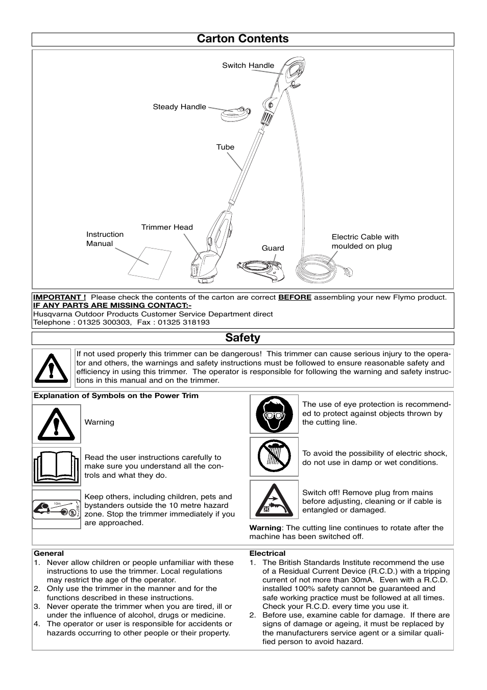 Carton contents, Safety | Flymo Power Trim Lawn Trimmer User Manual | Page 2 / 9