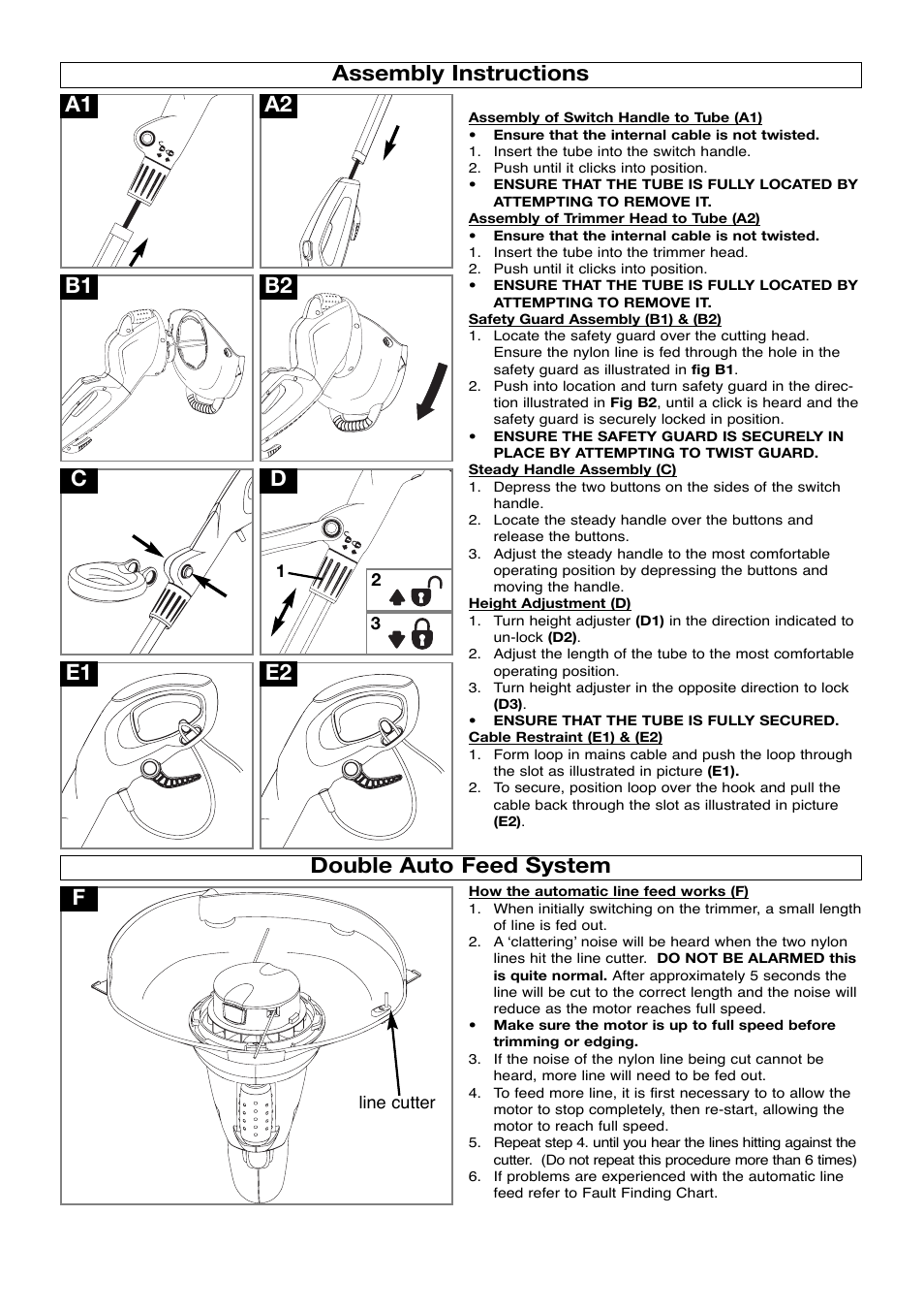 Assembly instructions, Double auto feed system, A2 e1 e2 | Flymo Power Trim Lawn Trimmer User Manual | Page 4 / 9