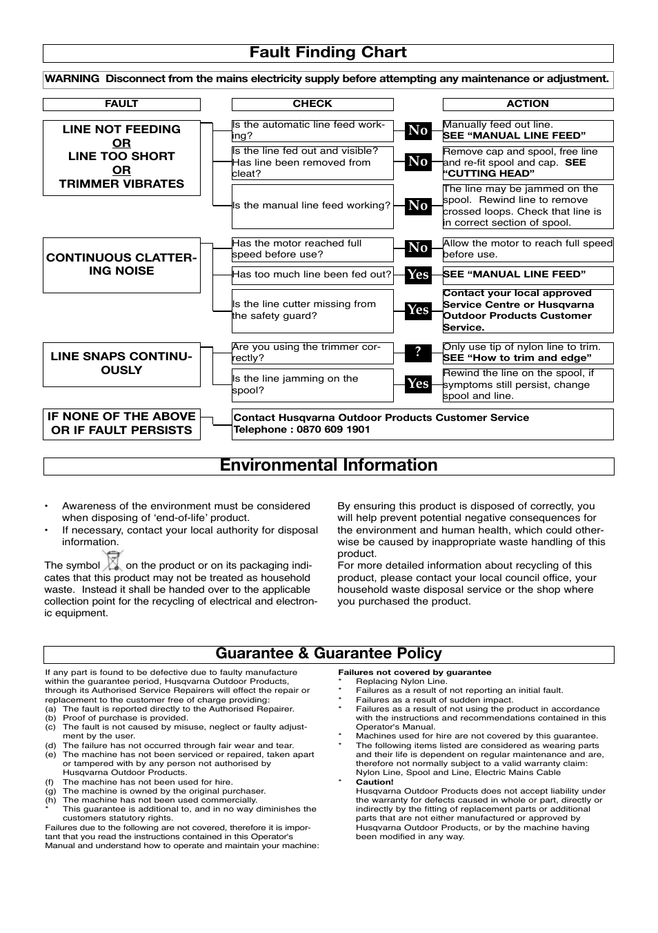 Fault finding chart, Environmental information, Guarantee & guarantee policy | No yes yes | Flymo Power Trim Lawn Trimmer User Manual | Page 8 / 9