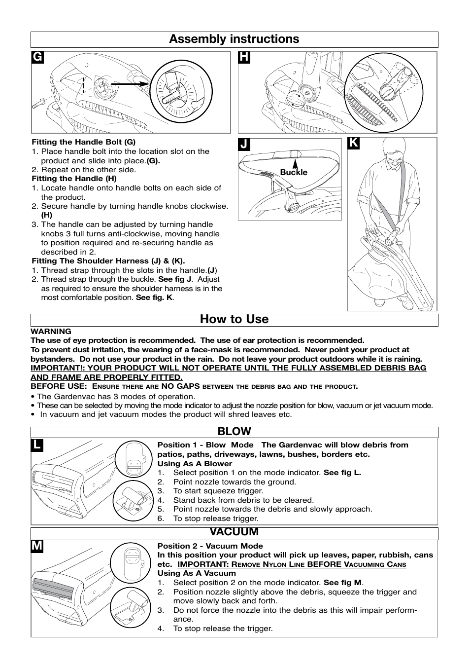 Assembly instructions, How to use, Blow | Vacuum, Jk g h | Flymo Garden Vac User Manual | Page 5 / 8