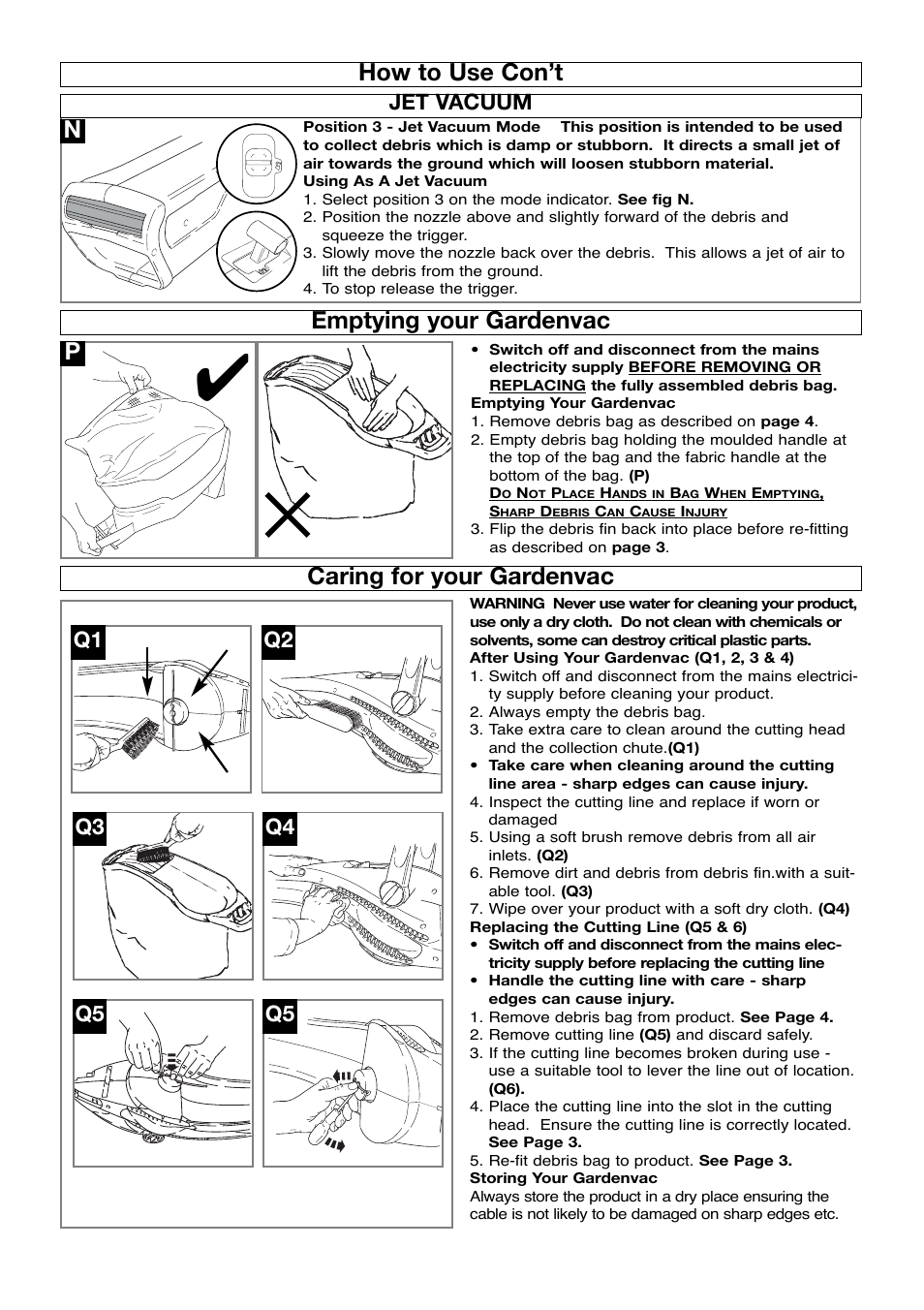 How to use con’t, Jet vacuum, Emptying your gardenvac | Caring for your gardenvac | Flymo Garden Vac User Manual | Page 6 / 8