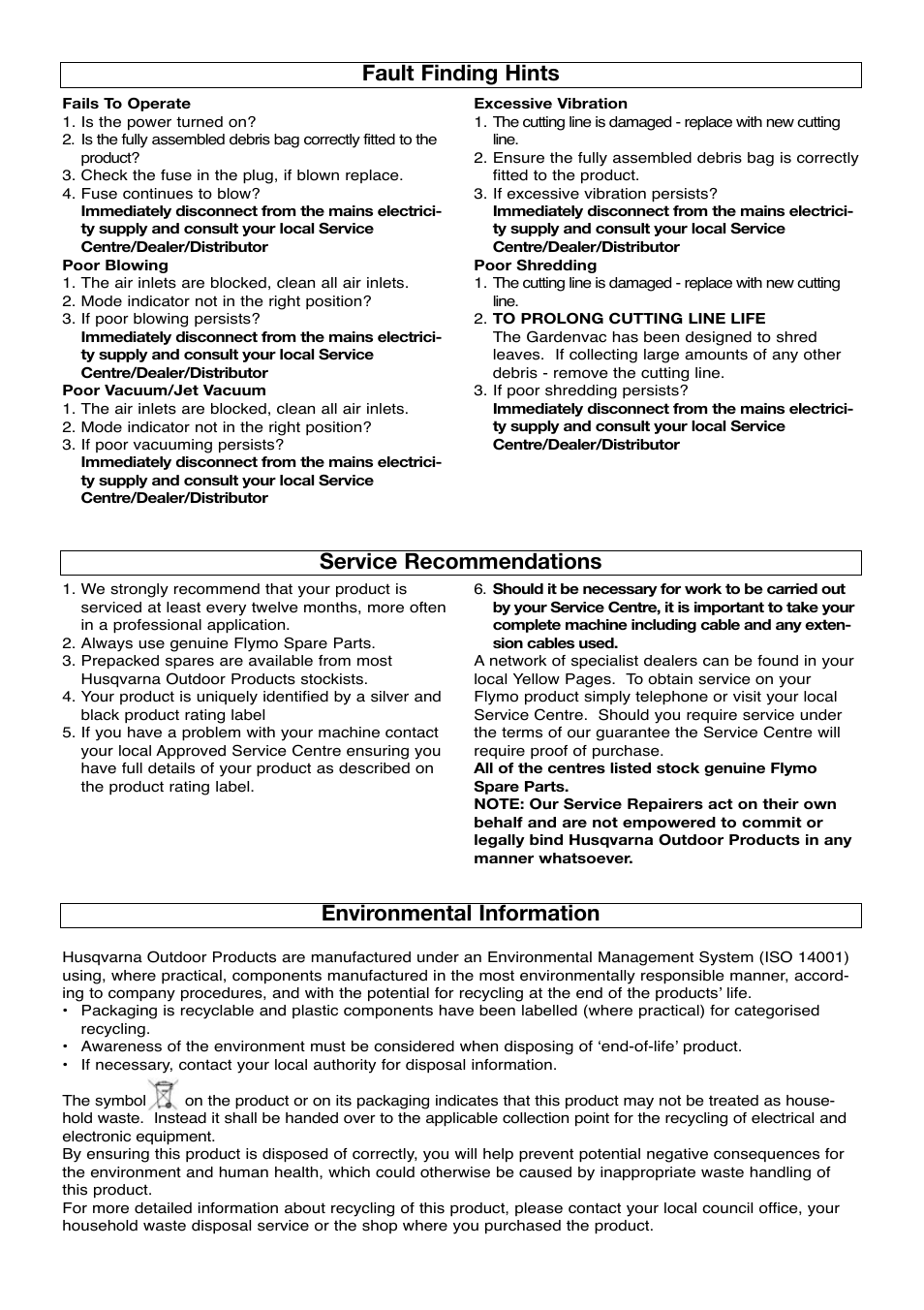 Fault finding hints, Service recommendations, Environmental information | Flymo Garden Vac User Manual | Page 7 / 8