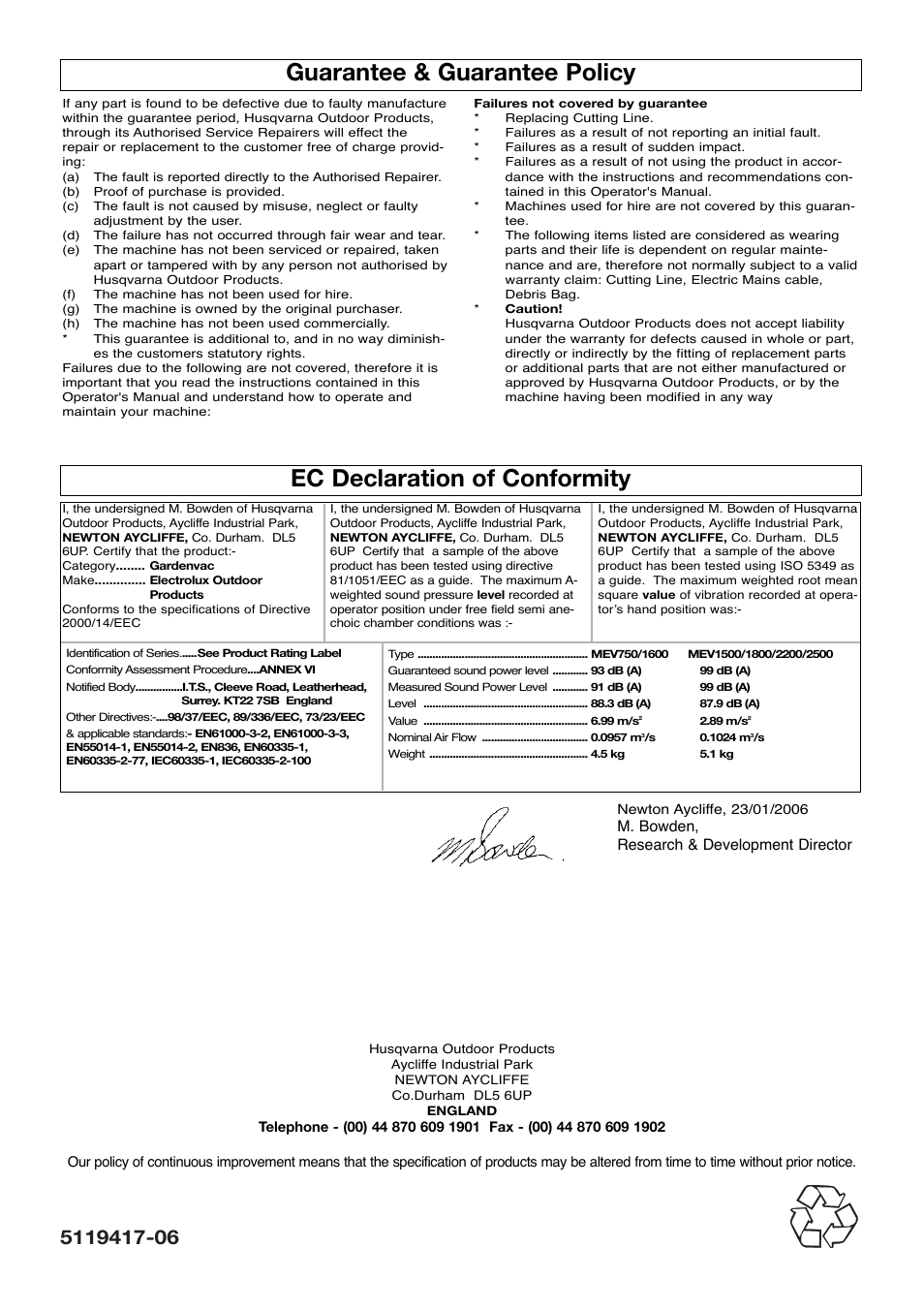 Guarantee & guarantee policy, Ec declaration of conformity | Flymo Garden Vac User Manual | Page 8 / 8