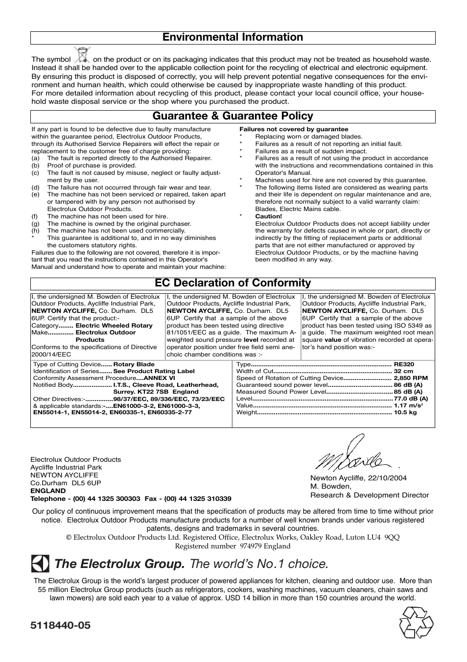 Environmental information, Guarantee & guarantee policy, Ec declaration of conformity | The electrolux group. the world’s no.1 choice | Flymo 320 User Manual | Page 8 / 8