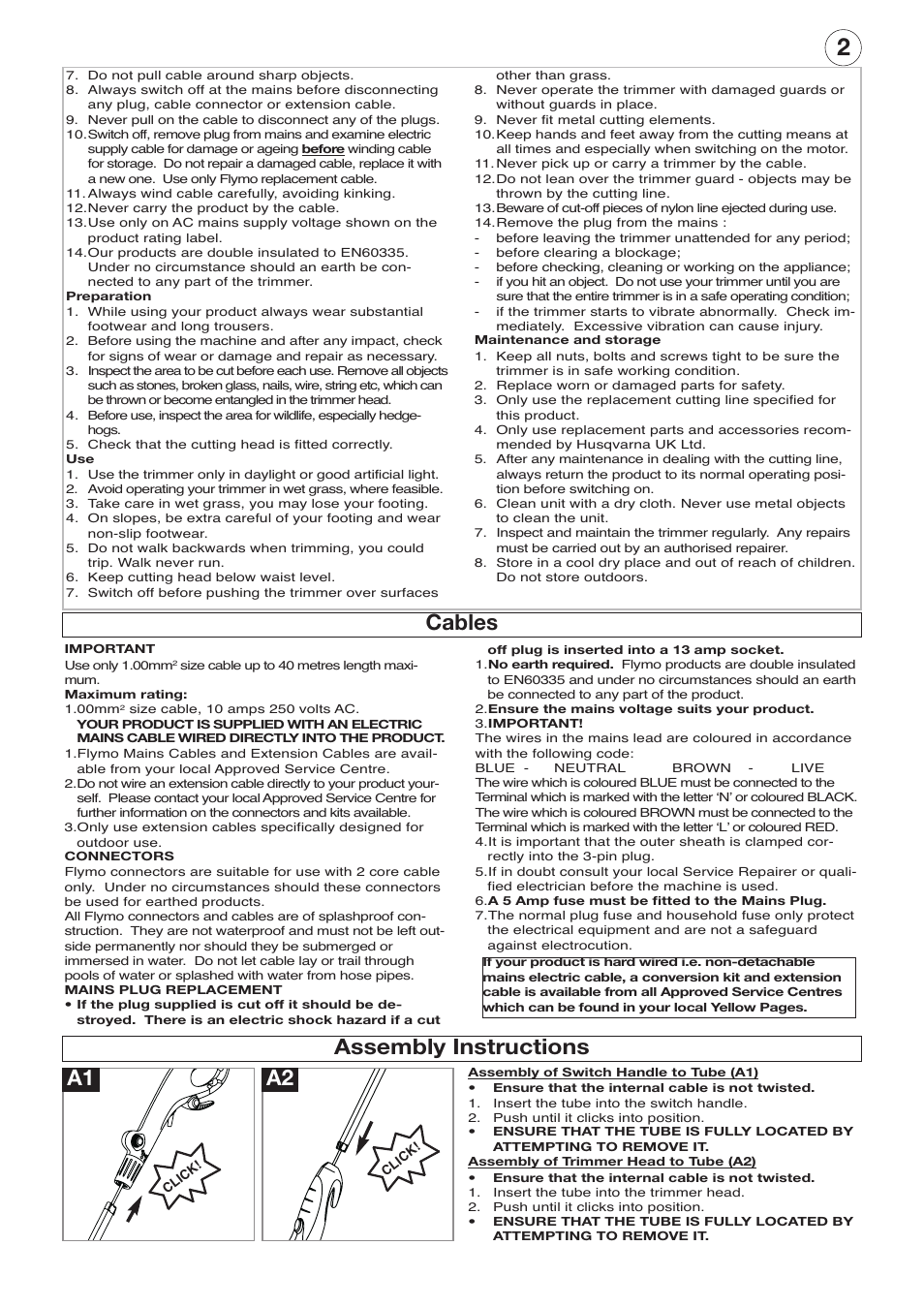 Cables, Assembly instructions a1 a2 | Flymo POWER TRIM 500 XT User Manual | Page 3 / 9