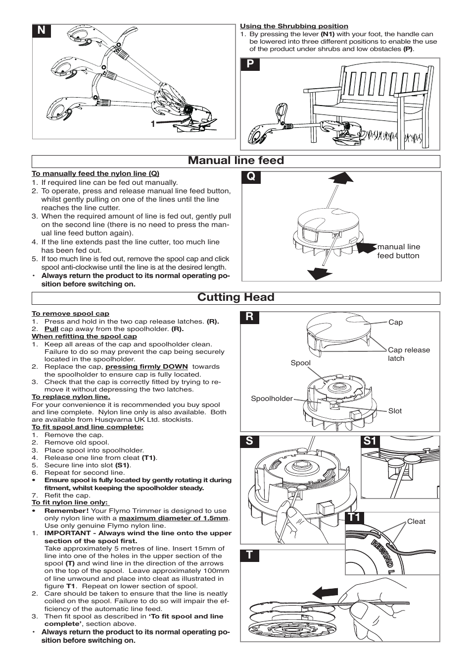 Manual line feed, Rs t, T1 s1 cutting head | Flymo POWER TRIM 500 XT User Manual | Page 6 / 9