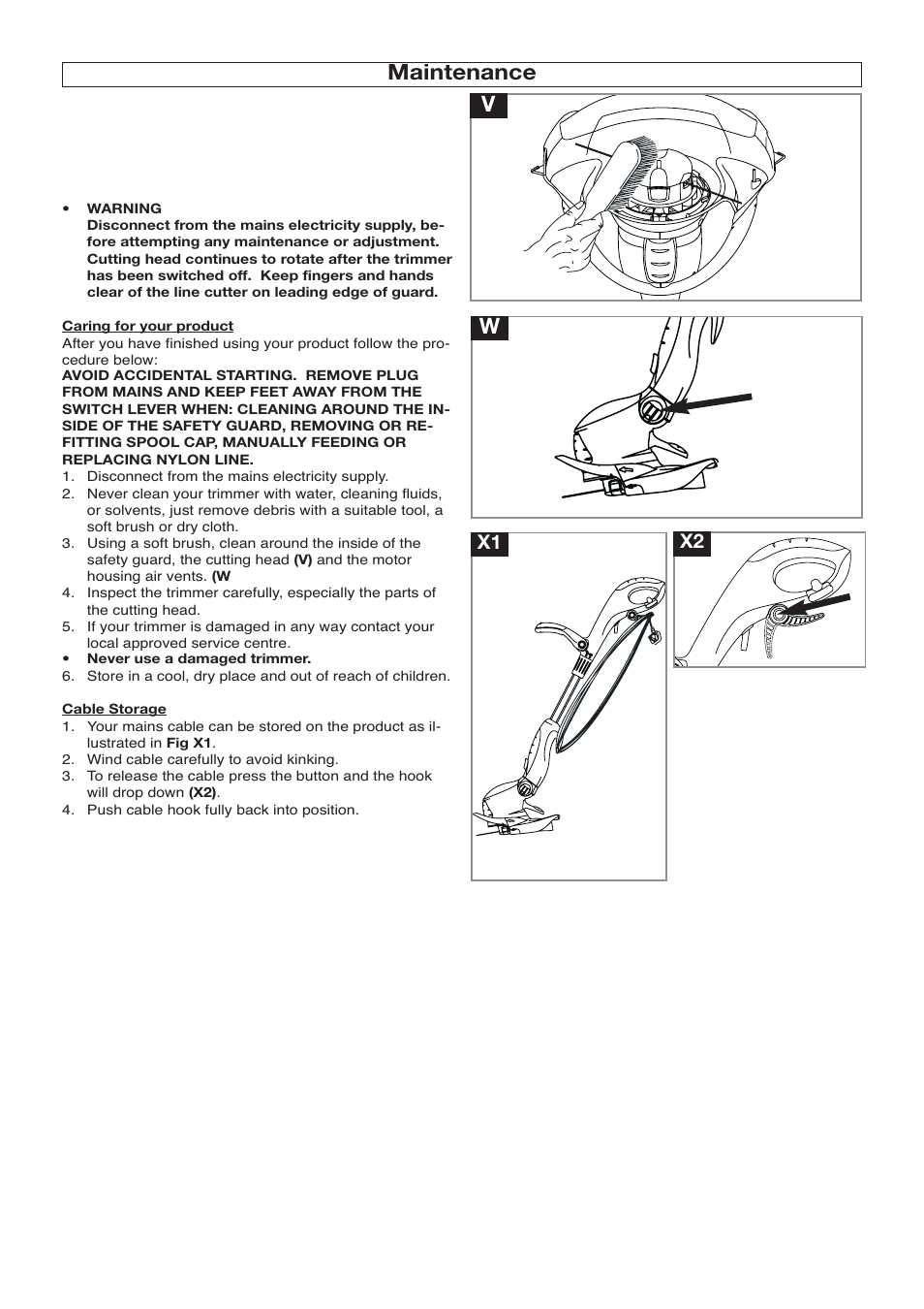 Maintenance w v, X2 x1 | Flymo POWER TRIM 500 XT User Manual | Page 7 / 9