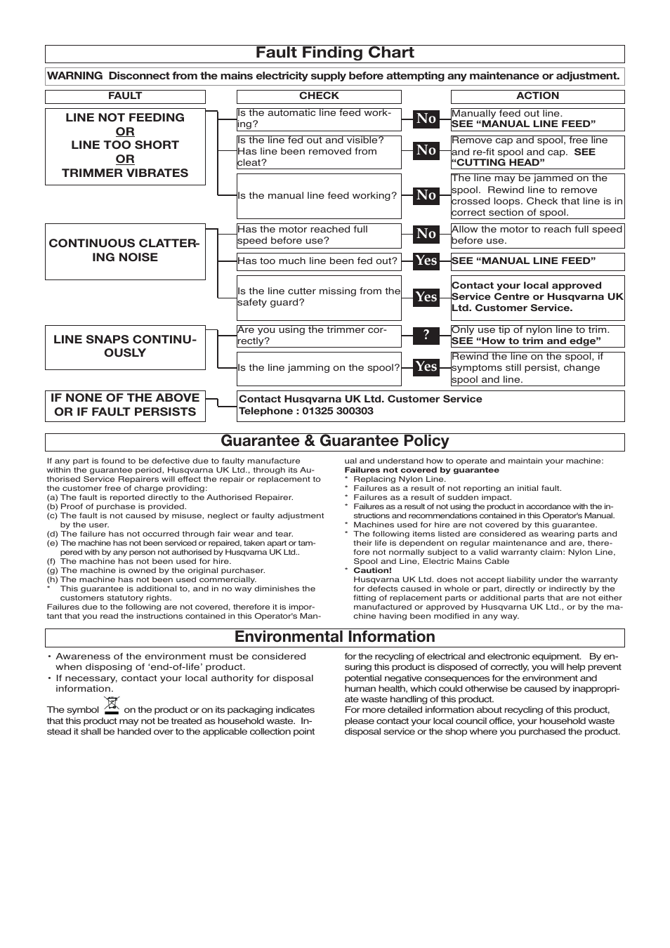 Fault finding chart, Guarantee & guarantee policy, Environmental information | No yes yes | Flymo POWER TRIM 500 XT User Manual | Page 8 / 9