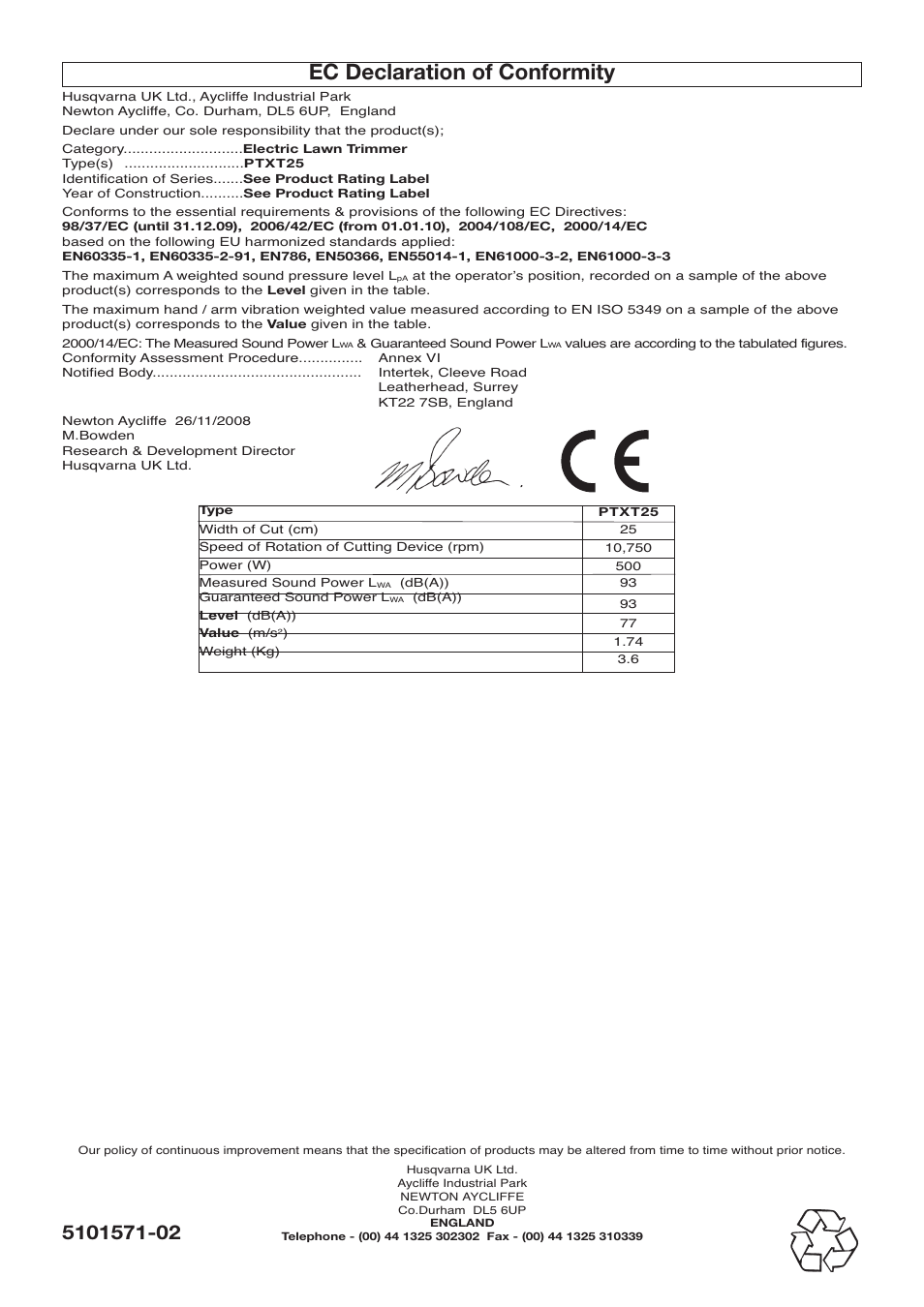 Ec declaration of conformity | Flymo POWER TRIM 500 XT User Manual | Page 9 / 9