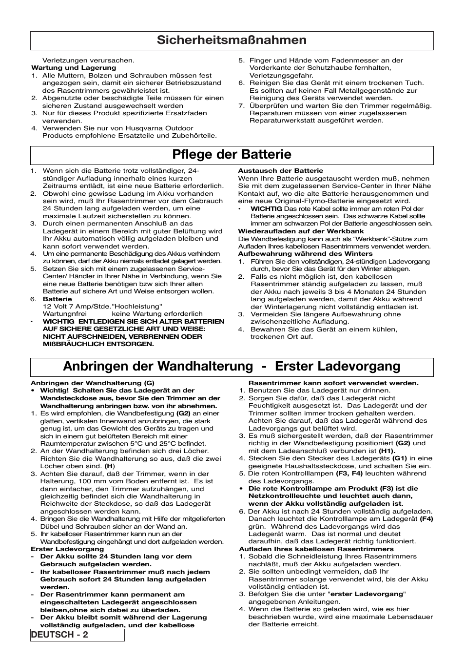 Pflege der batterie, Anbringen der wandhalterung - erster ladevorgang, Sicherheitsmaßnahmen | Deutsch - 2 | Flymo Contour Power Plus Cordless Trimmer User Manual | Page 10 / 72