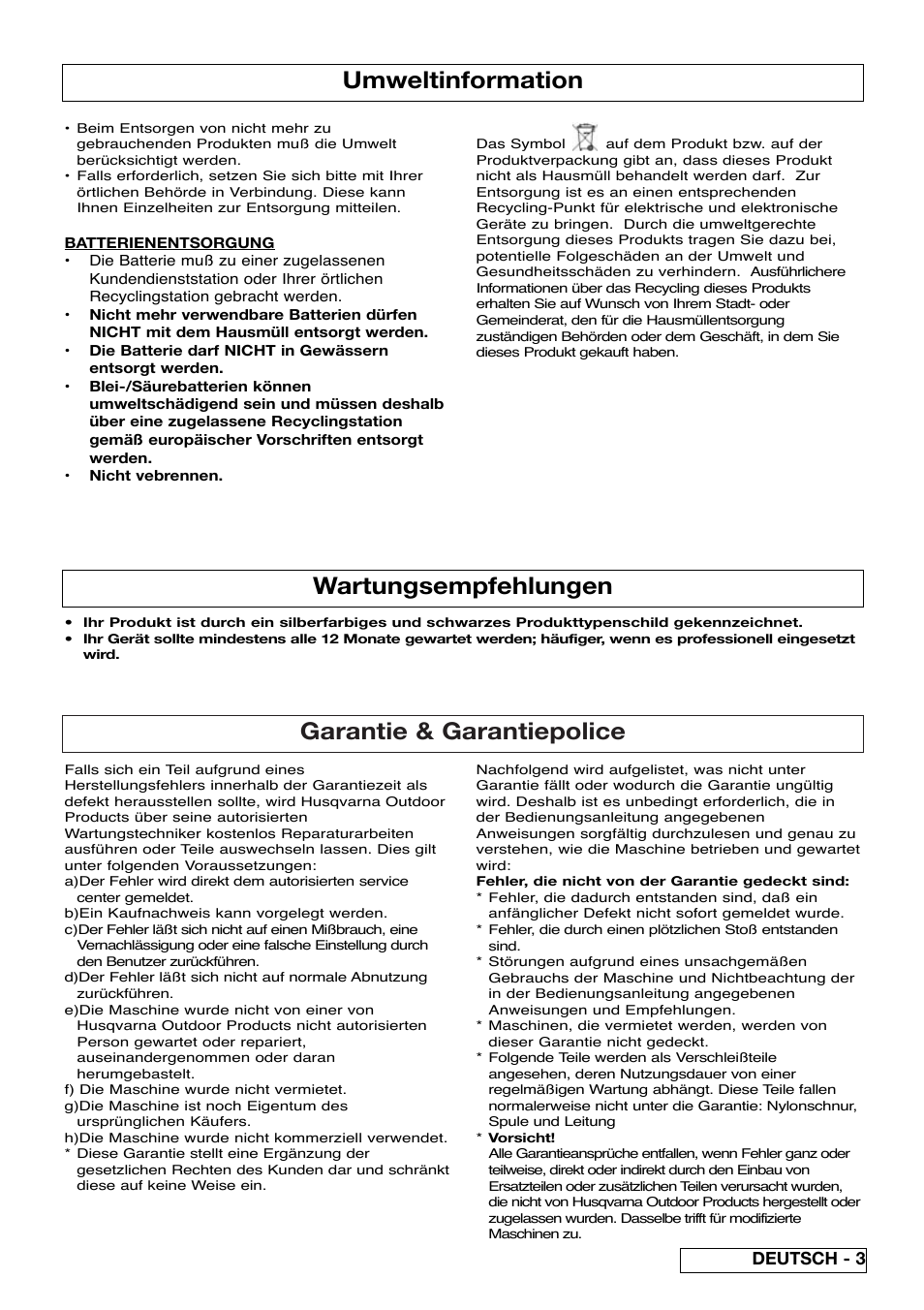 Garantie & garantiepolice, Umweltinformation, Wartungsempfehlungen | Deutsch - 3 | Flymo Contour Power Plus Cordless Trimmer User Manual | Page 11 / 72