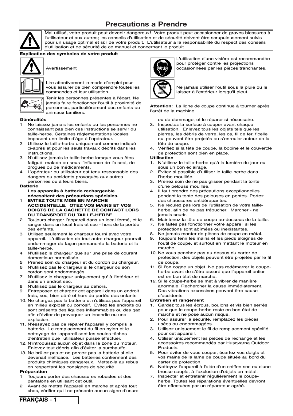 Precautions a prendre, Français - 1 | Flymo Contour Power Plus Cordless Trimmer User Manual | Page 12 / 72