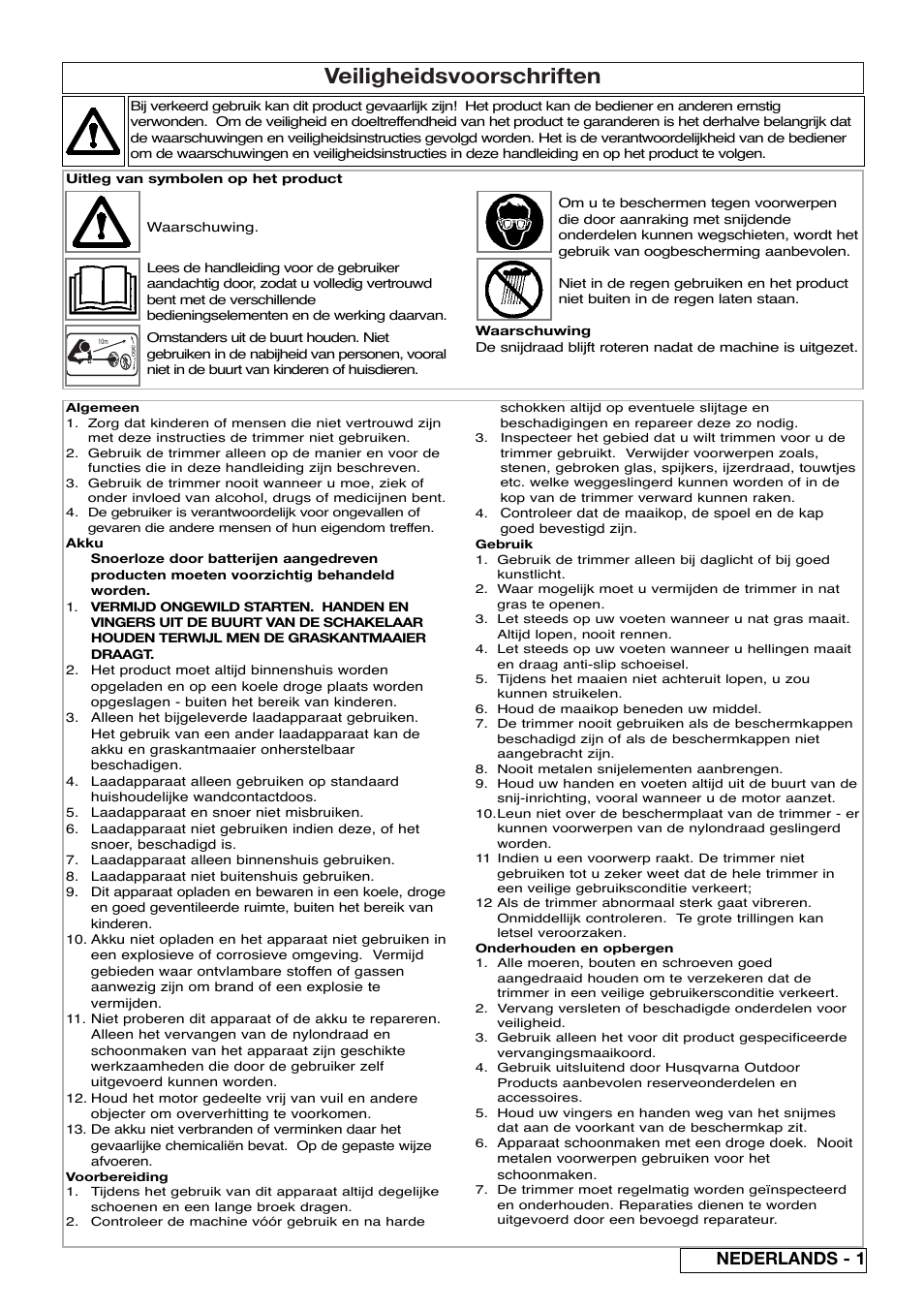 Veiligheidsvoorschriften, Nederlands - 1 | Flymo Contour Power Plus Cordless Trimmer User Manual | Page 15 / 72